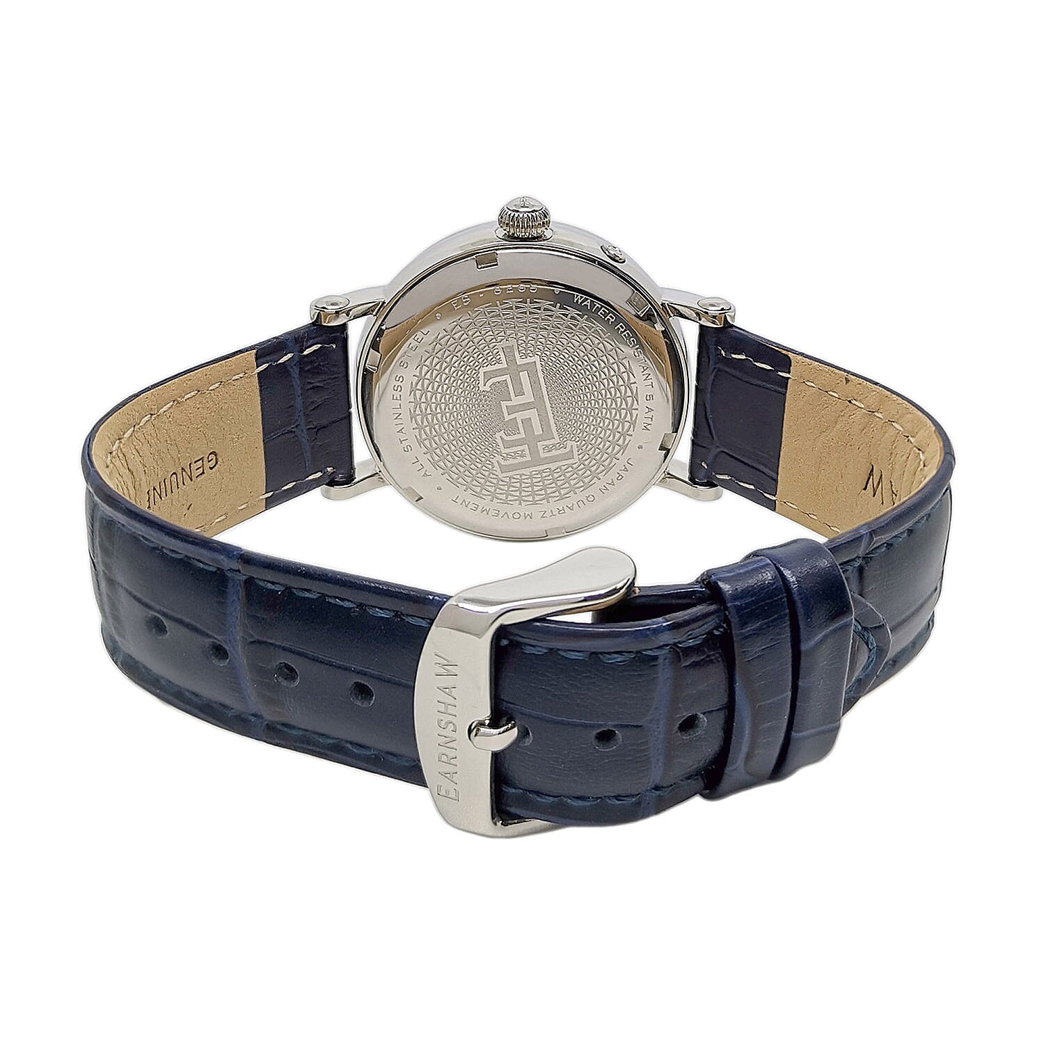 Thomas Earnshaw Messier Moonphase Calendar Mens Japanese Quartz Movement Silver Case 5 ATM Water Resistant Watch with Blue Leather Strap