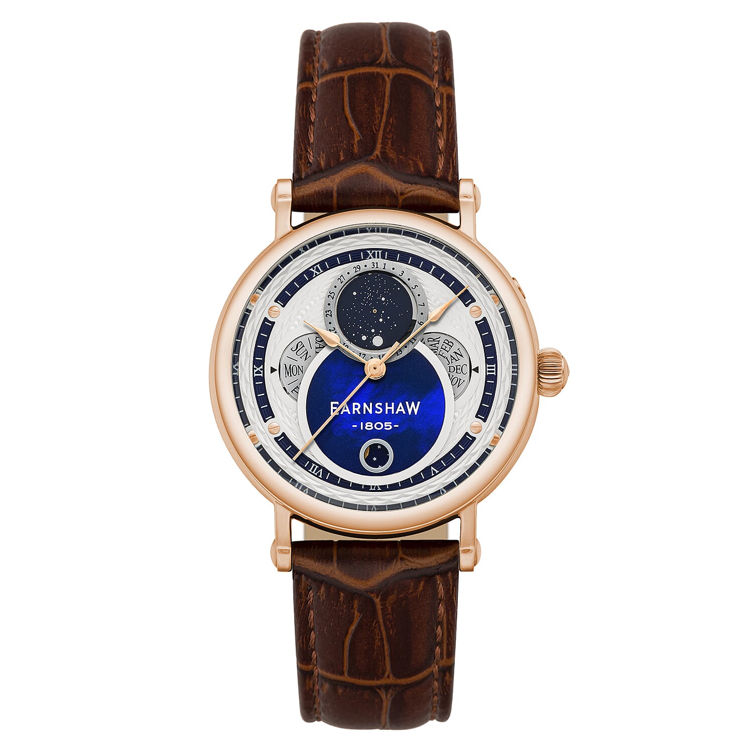 Thomas Earnshaw Messier Moonphase Calendar Mens Japanese Quartz Movement Rose Gold Case 5 ATM Water Resistant Watch with Brown Leather Strap