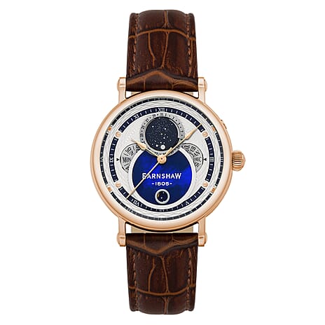 Thomas Earnshaw Messier Moonphase Calendar Mens Japanese Quartz Movement Rose Gold Case 5 ATM Water Resistant Watch with Brown Leather Strap