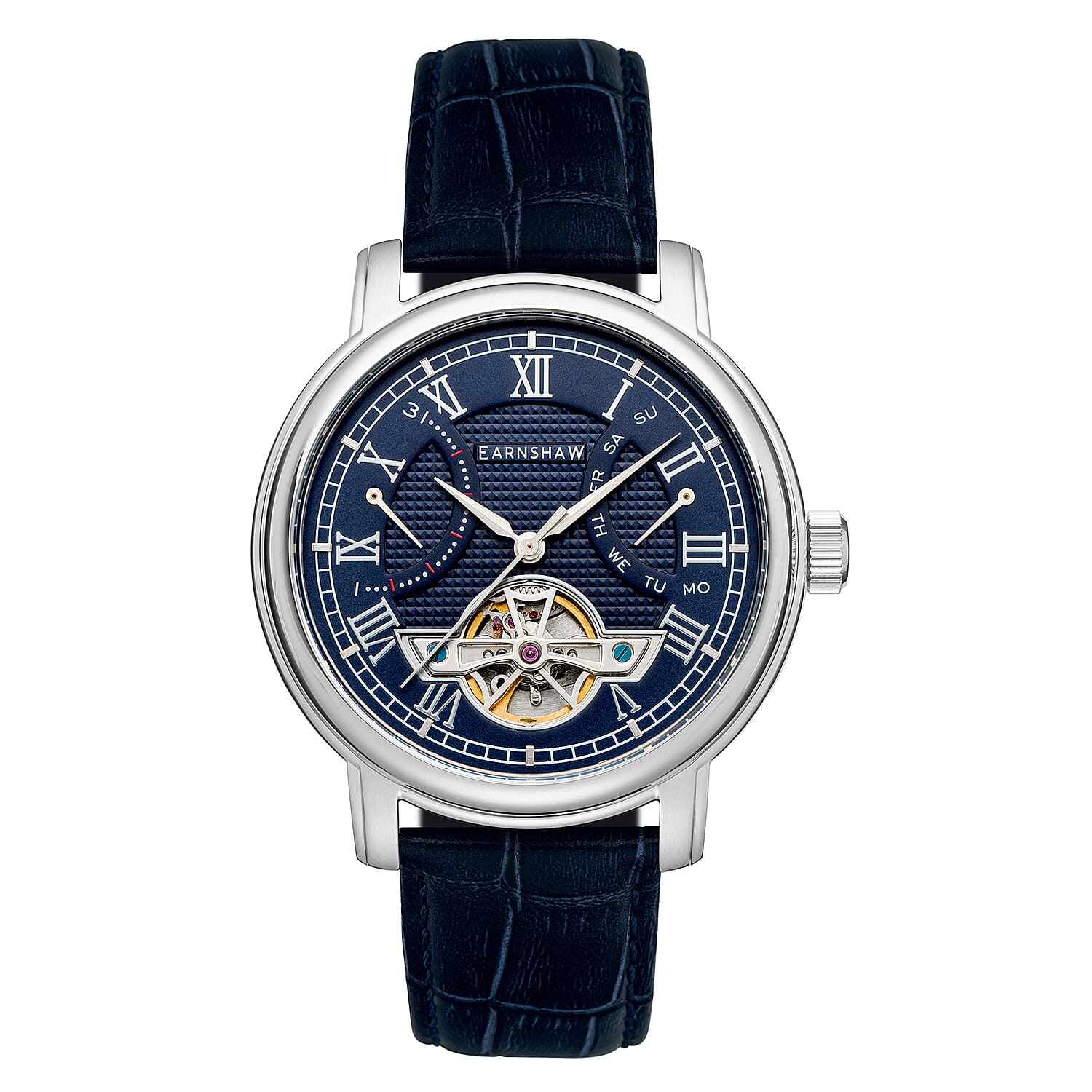 Thomas Earnshaw Longcase Double Retrograde Mens Automatic Mansfield Blue Dial 5 ATM Water Resistant Watch with Stainless Steel Bracelet