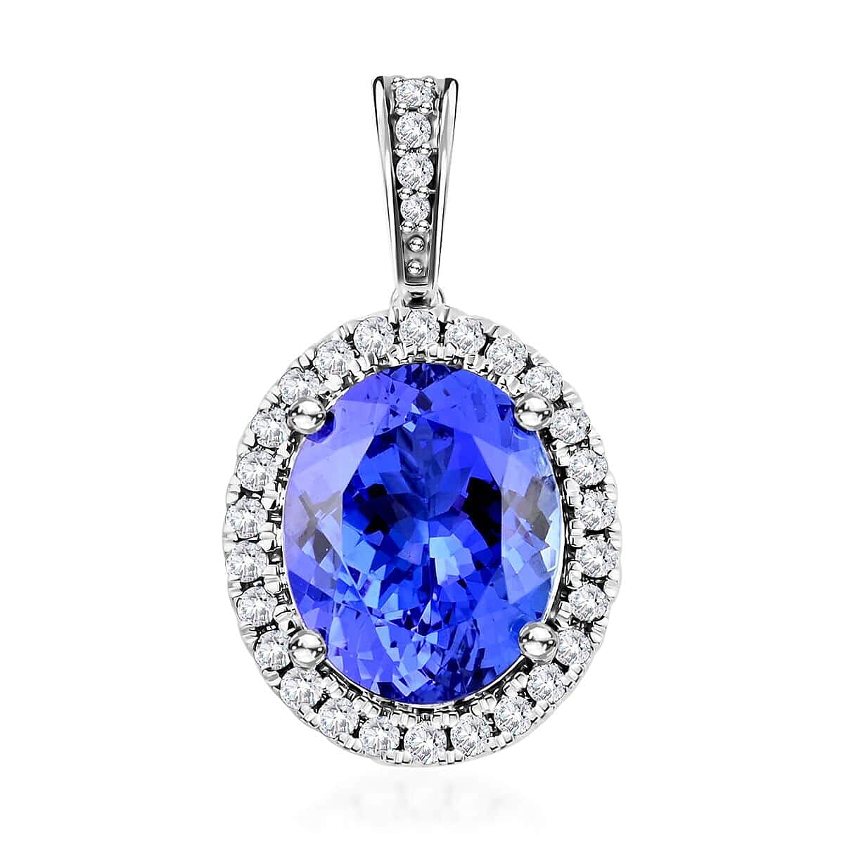 14K W Gold AGI Certified AAA Tanzanite & Diamond Halo Pendant 3.51 Ct.