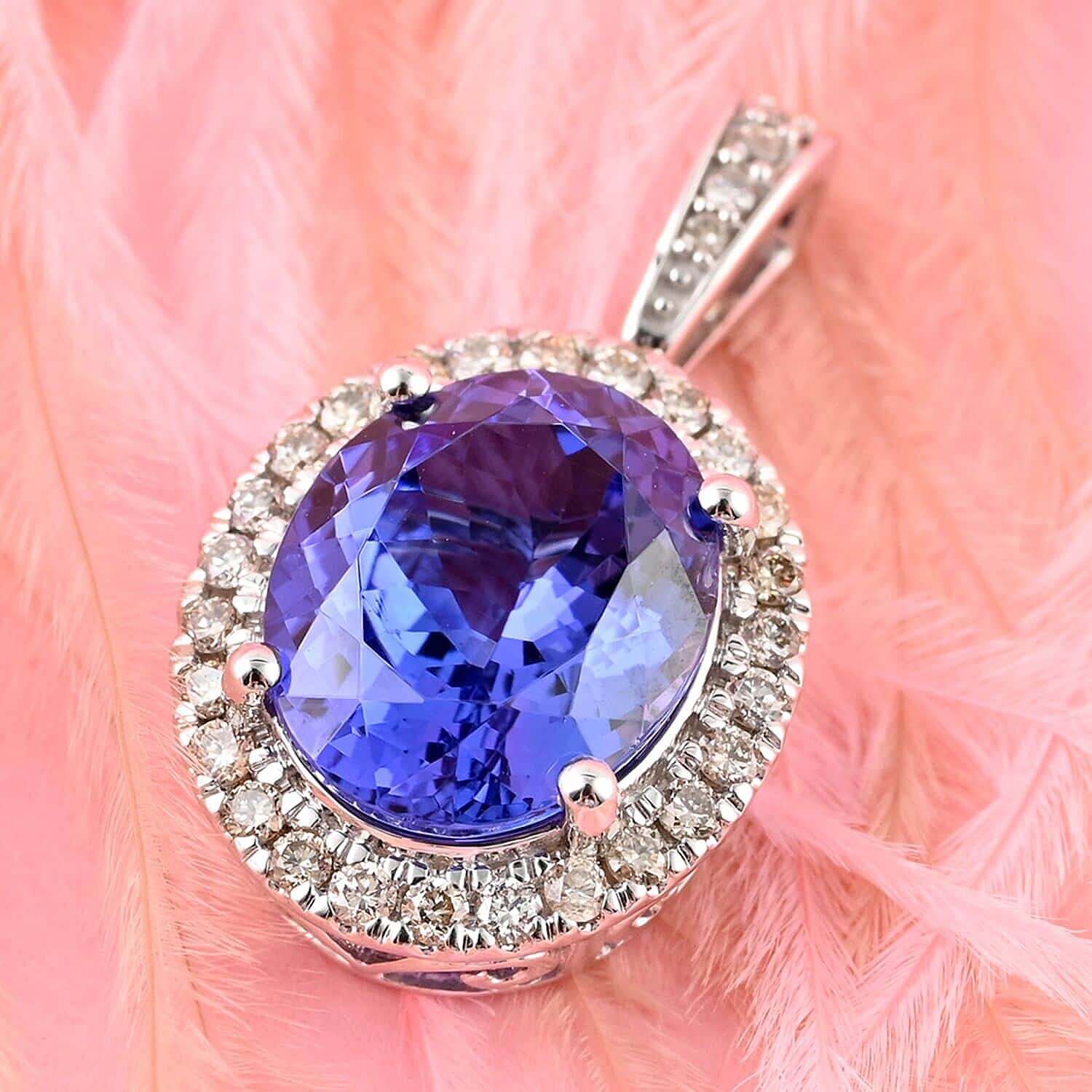 14K W Gold AGI Certified AAA Tanzanite & Diamond Halo Pendant 3.51 Ct.