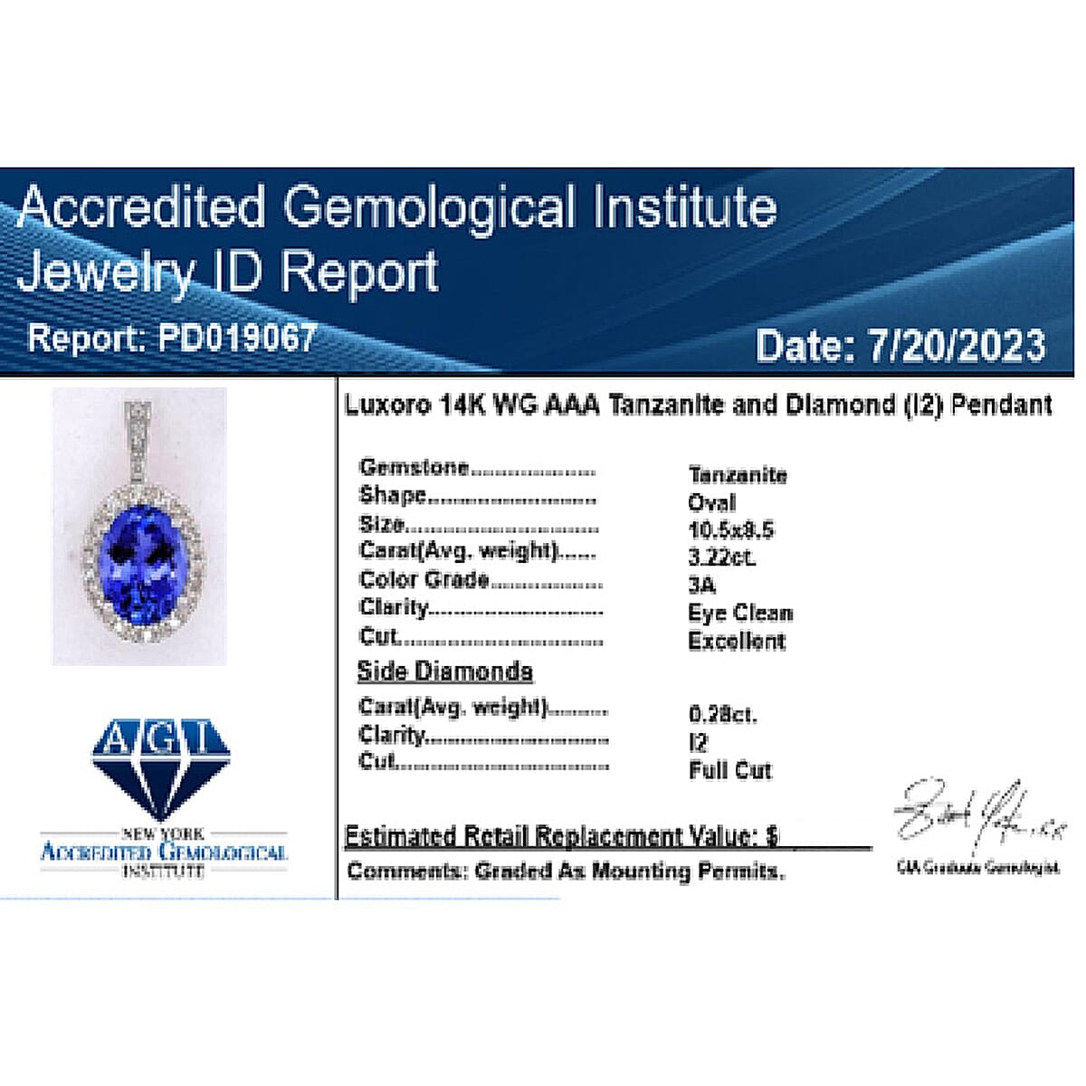 14K W Gold AGI Certified AAA Tanzanite & Diamond Halo Pendant 3.51 Ct.