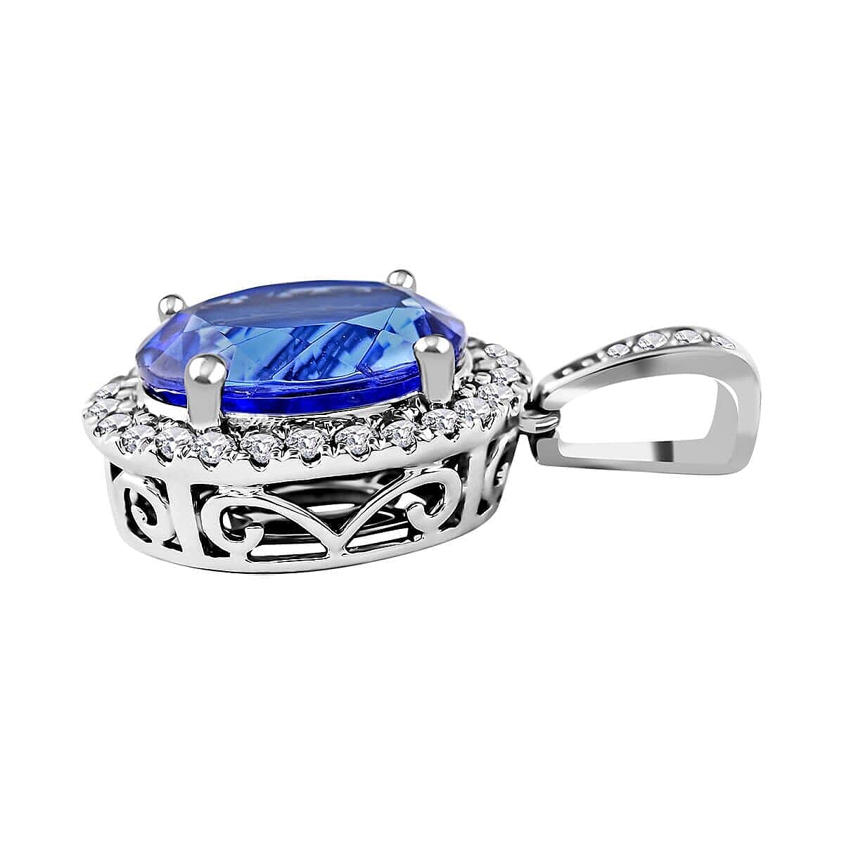 14K W Gold AGI Certified AAA Tanzanite & Diamond Halo Pendant 3.51 Ct.