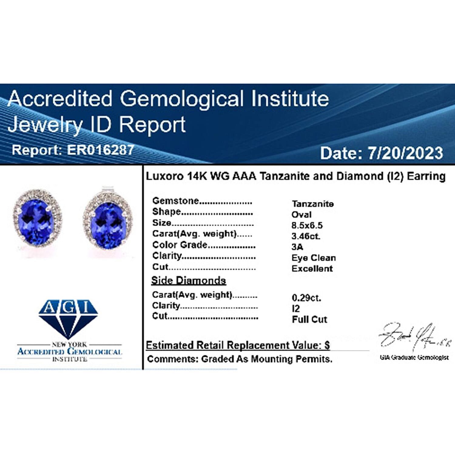 14K W Gold AAA Tanzanite , White Diamond I2 Earring 3.75 ct, Gold Wt. 2.98 Gms 3.750 Ct. 14K W Gold AAA Tanzanite , White Diamond I2 Earring 3.75 ct, Gold Wt. 2.98 Gms 3.750 Ct.