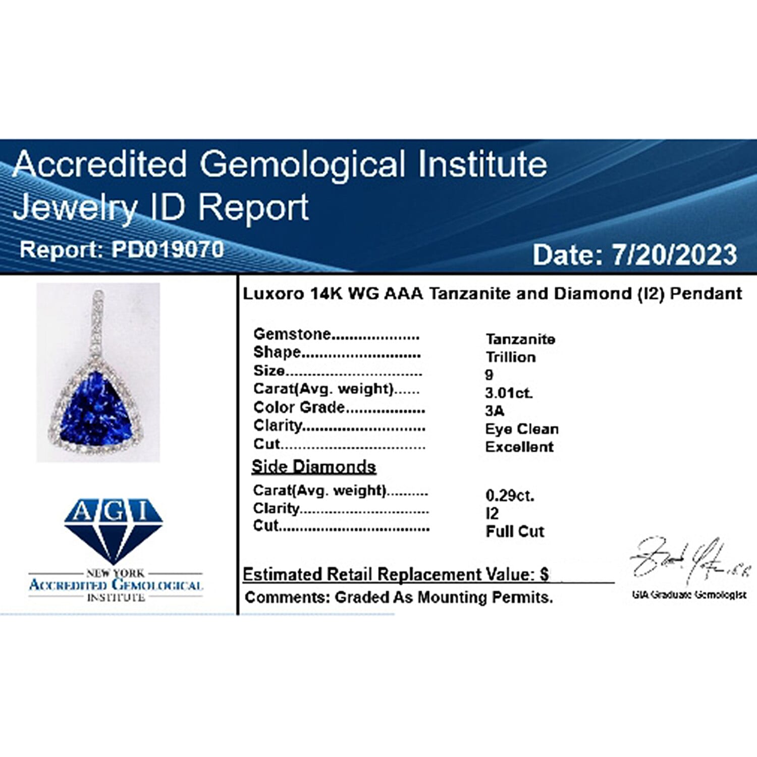 14K W Gold  AAA   Tanzanite ,  White Diamond  I2 Pendant 3.30 ct,  Gold Wt. 1.96 Gms  3.300  Ct.