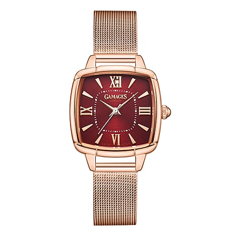 GAMAGES OF LONDON Ladies Duchess Swiss Quartz Movement Diamond Studded Red Dial Water Resistant Watch with Rose Mesh Bracelet
