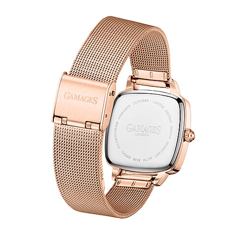 GAMAGES OF LONDON Ladies Duchess Swiss Quartz Movement Diamond Studded Red Dial Water Resistant Watch with Rose Mesh Bracelet