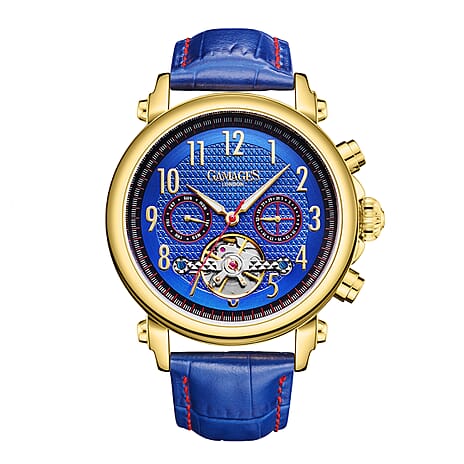 GAMAGES OF LONDON Hand Assembled Polymath Automatic Movement Gold Navy Blue Dial Water Resistant Watch with Blue Leather Strap