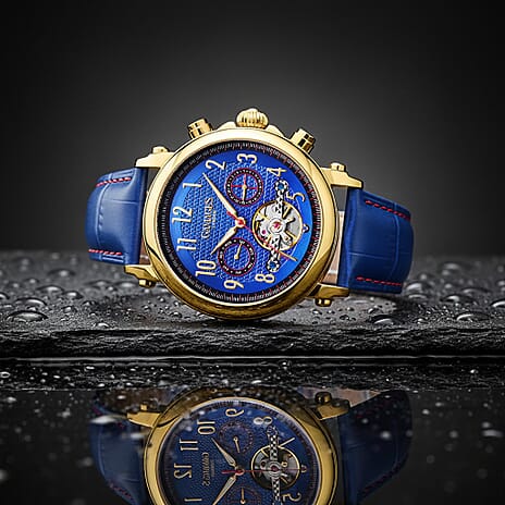 GAMAGES OF LONDON Hand Assembled Polymath Automatic Movement Gold Navy Blue Dial Water Resistant Watch with Blue Leather Strap