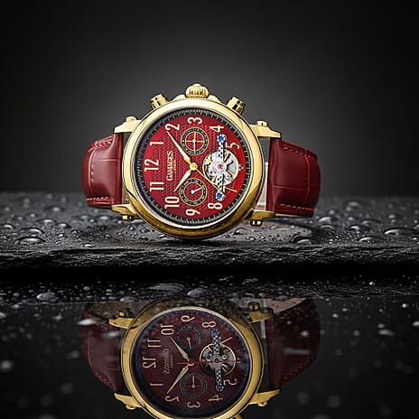 GAMAGES OF LONDON Hand Assembled Polymath Automatic Movement Cherry Dial Water Resistant Watch with Red Leather Strap