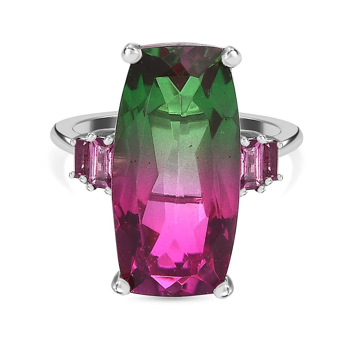 Watermelon Colour Tourmaline Quartz and Rhodolite Garnet Ring in Platinum Overlay Sterling Silver 11.02 Ct