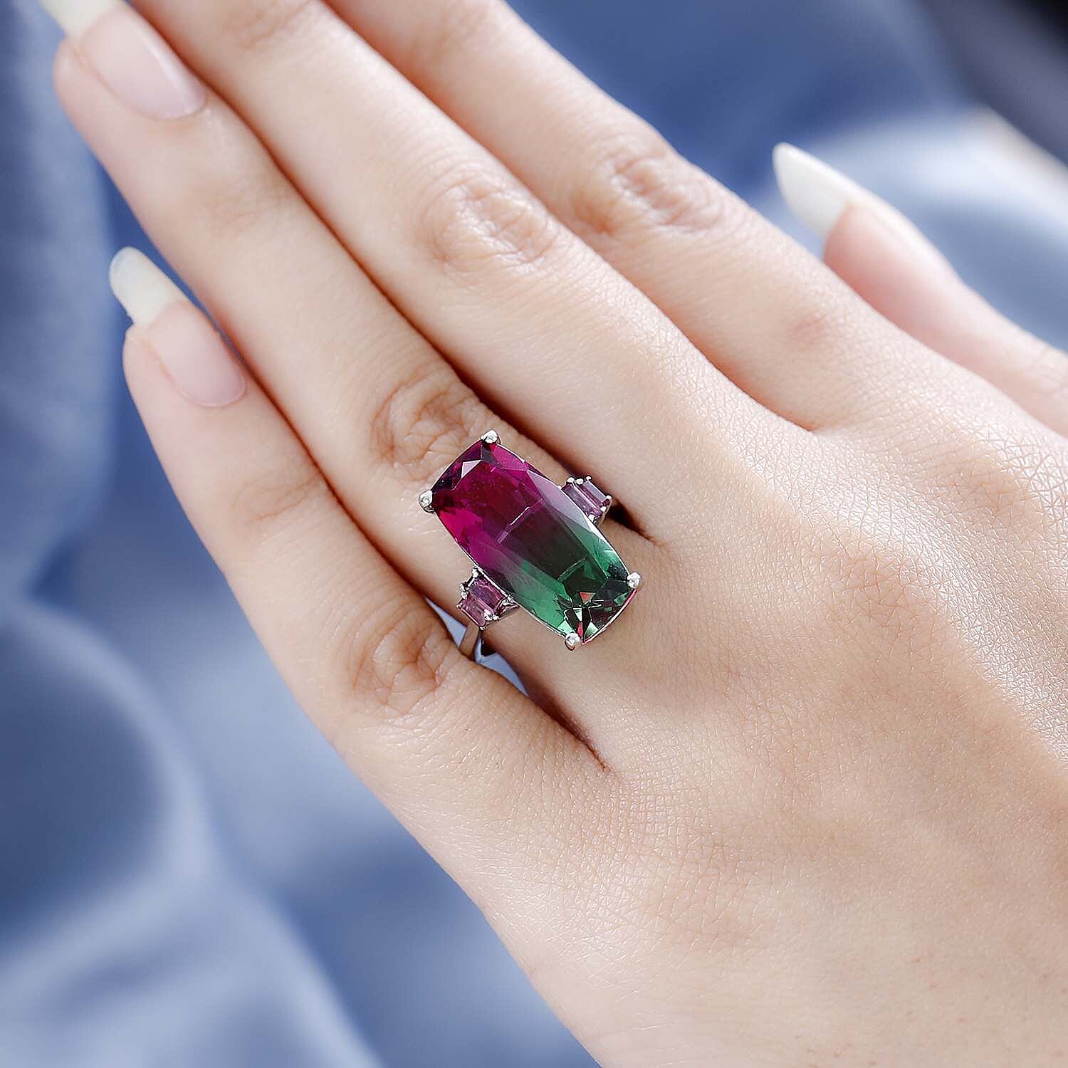 Watermelon Colour Tourmaline Quartz and Rhodolite Garnet Ring in Platinum Overlay Sterling Silver 11.02 Ct