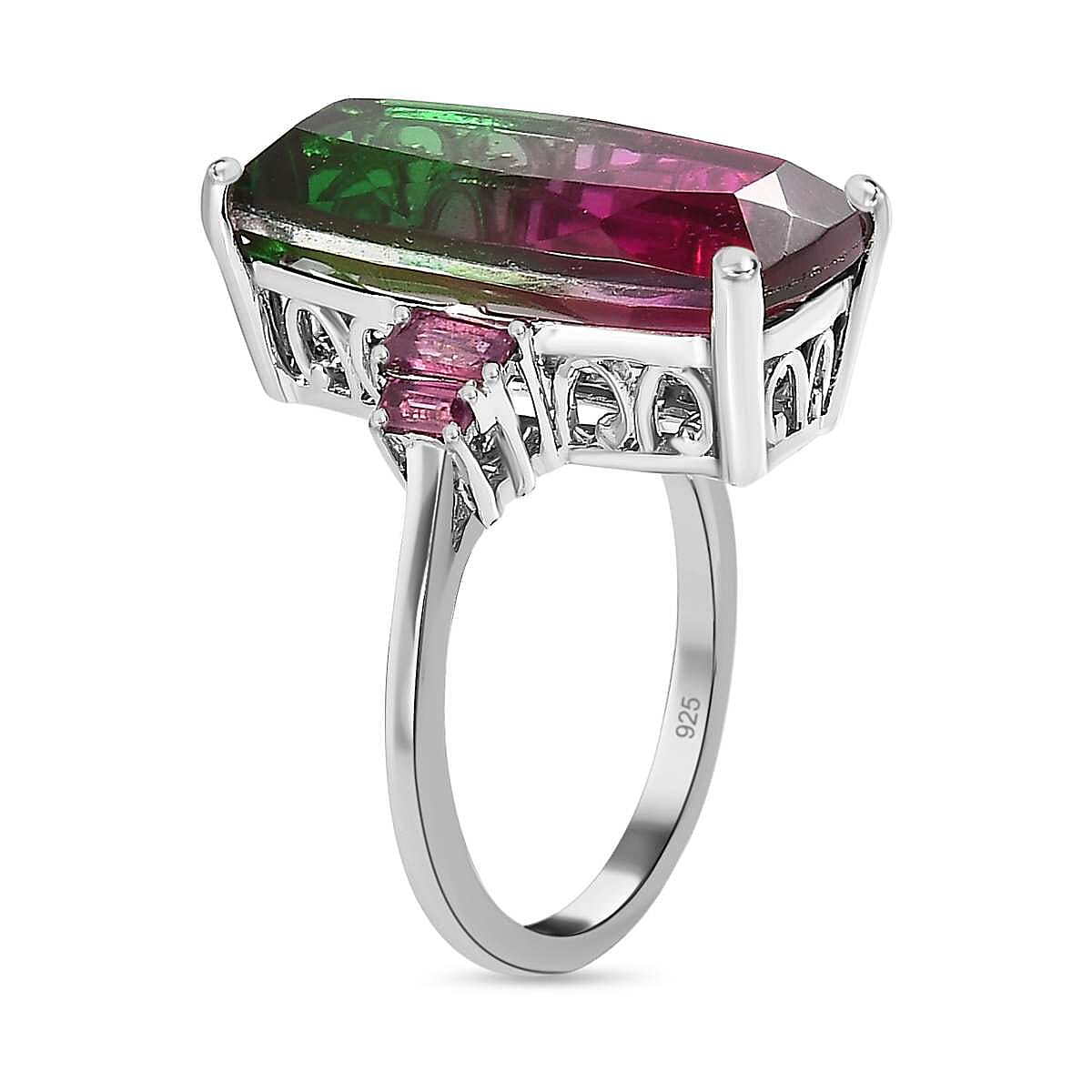 Watermelon Colour Tourmaline Quartz and Rhodolite Garnet Ring in Platinum Overlay Sterling Silver 11.02 Ct