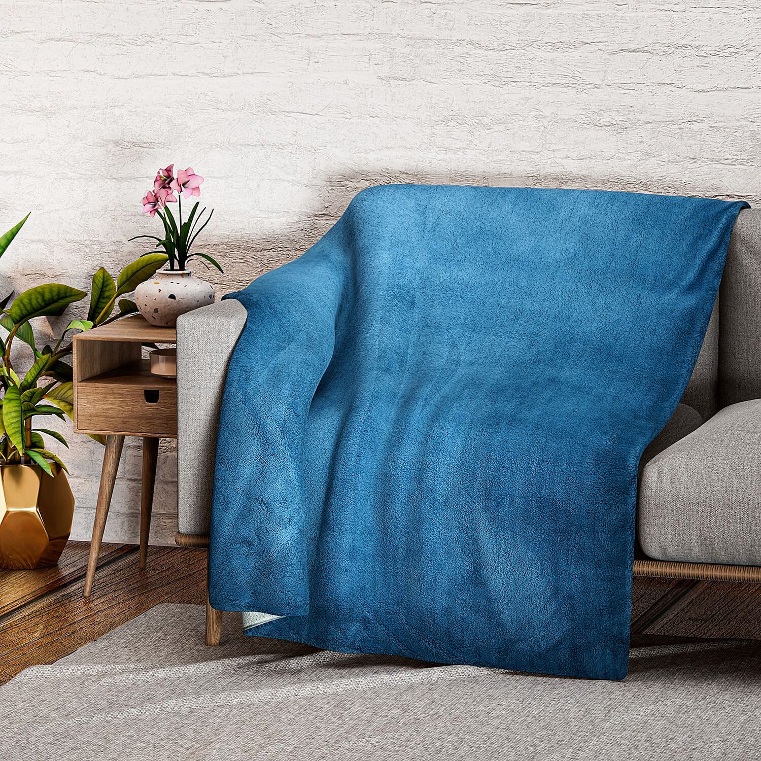 Teddy Fleece Double Layered Blanket (Size 200x150 cm) - Blue - Dark Grey