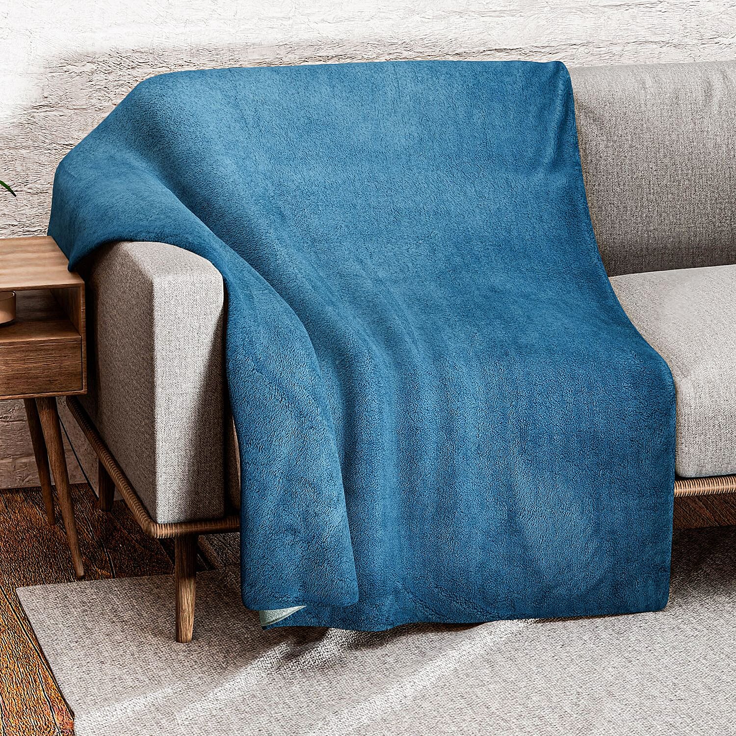 Teddy Fleece Double Layered Blanket (Size 200x150 cm) - Blue - Dark Grey