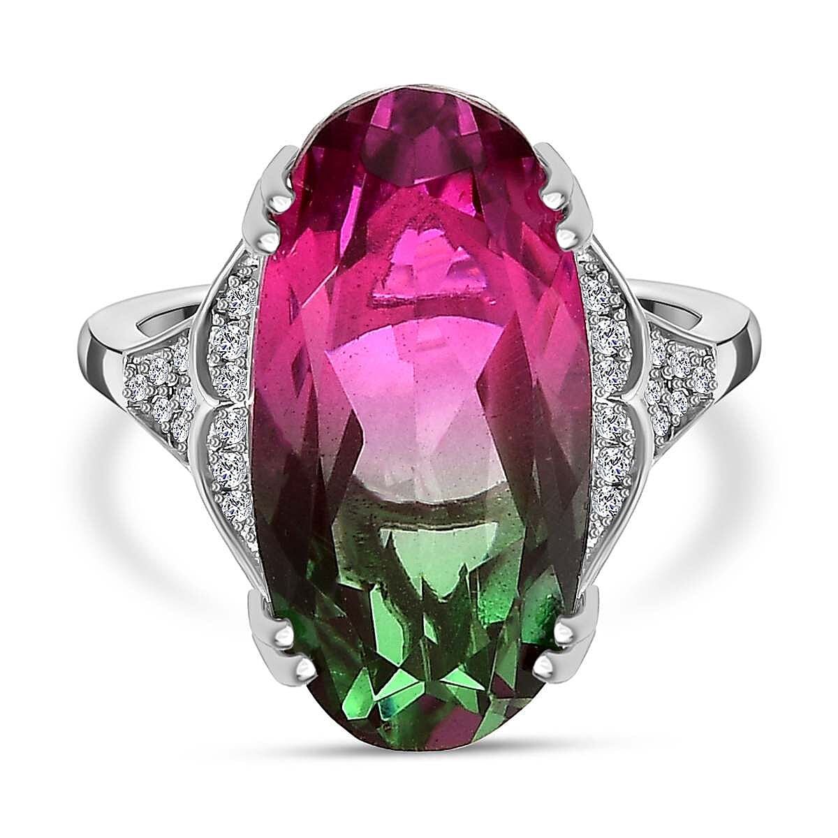 Watermelon Colour Tourmaline Quartz and Natural Zircon Ring in Platinum Overlay Sterling Silver 10.40 Ct