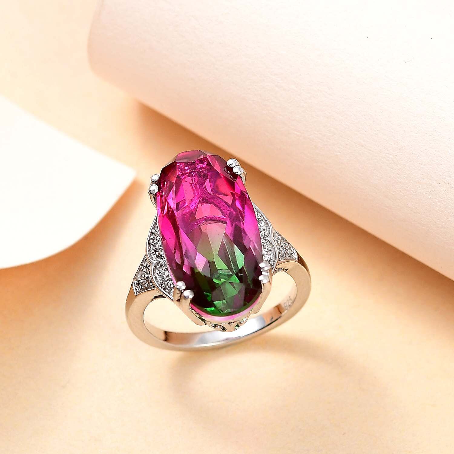 Watermelon Colour Tourmaline Quartz and Natural Zircon Ring in Platinum Overlay Sterling Silver 10.40 Ct