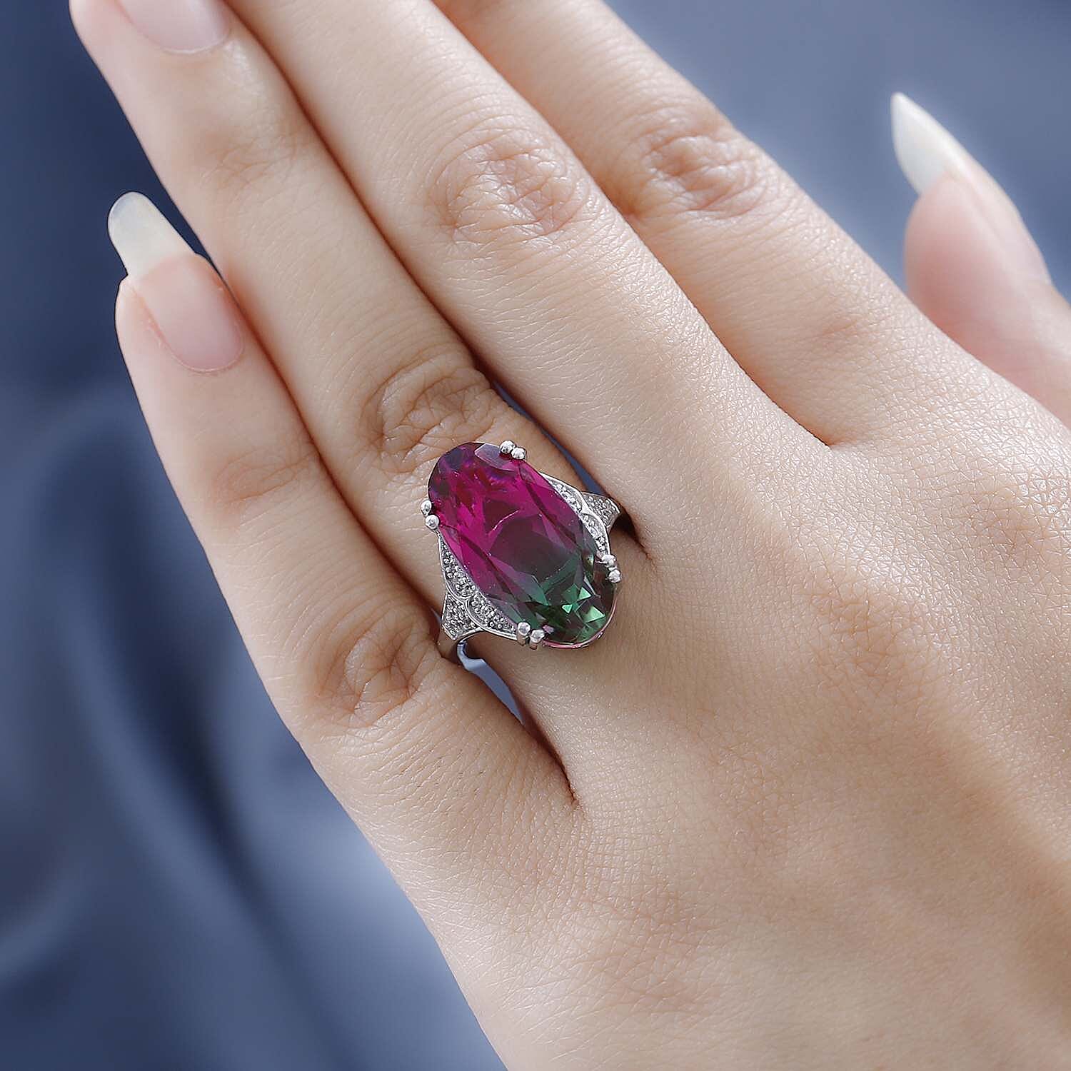 Watermelon Colour Tourmaline Quartz and Natural Zircon Ring in Platinum Overlay Sterling Silver 10.40 Ct