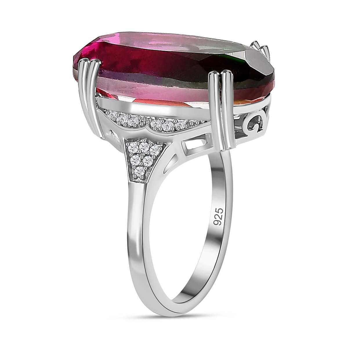 Watermelon Colour Tourmaline Quartz and Natural Zircon Ring in Platinum Overlay Sterling Silver 10.40 Ct
