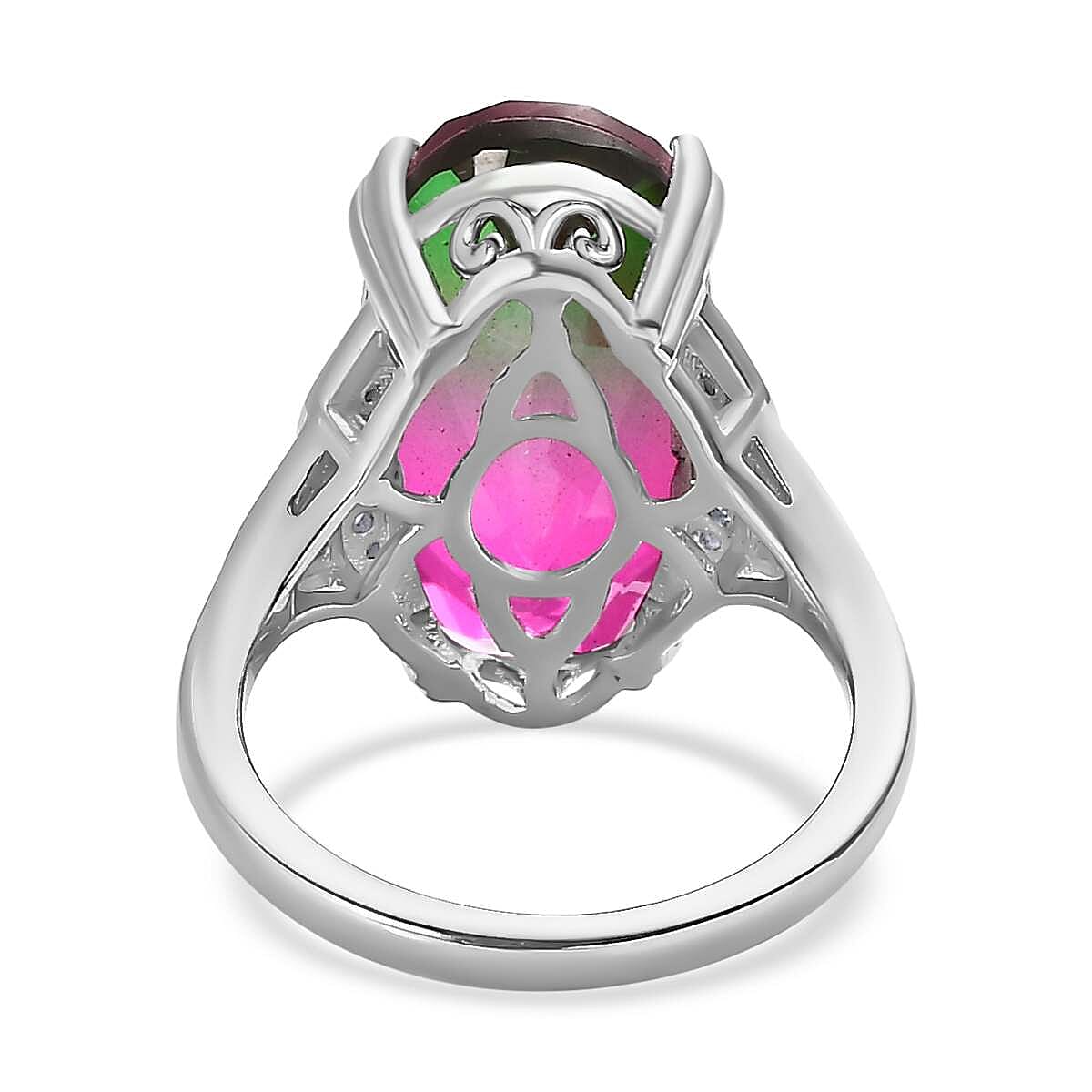 Watermelon Colour Tourmaline Quartz and Natural Zircon Ring in Platinum Overlay Sterling Silver 10.40 Ct