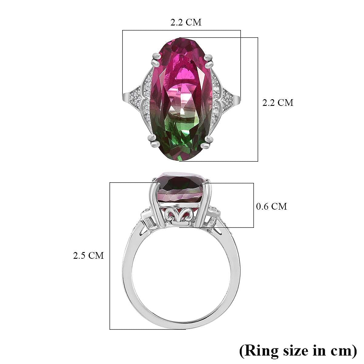 Watermelon Colour Tourmaline Quartz and Natural Zircon Ring in Platinum Overlay Sterling Silver 10.40 Ct