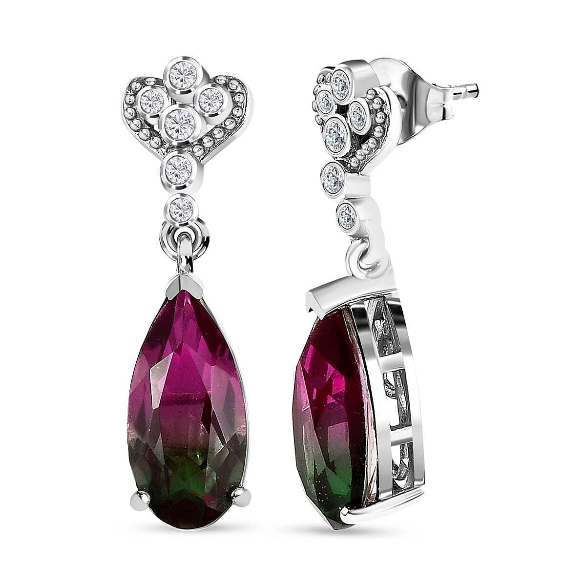 Watermelon Colour Tourmaline Quartz and Natural Zircon Earrings in Platinum Overlay Sterling Silver 6.56 Ct