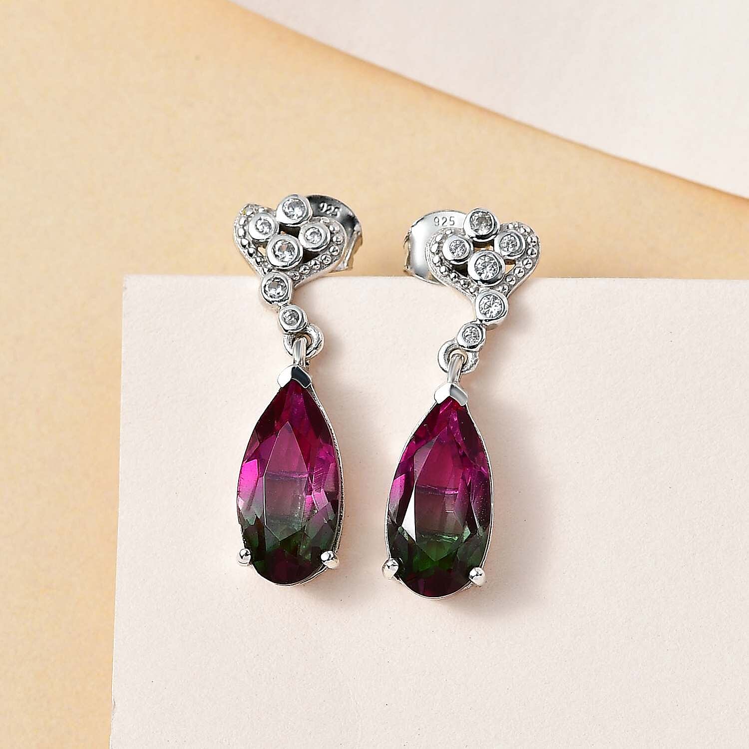 Watermelon Colour Tourmaline Quartz and Natural Zircon Earrings in Platinum Overlay Sterling Silver 6.56 Ct