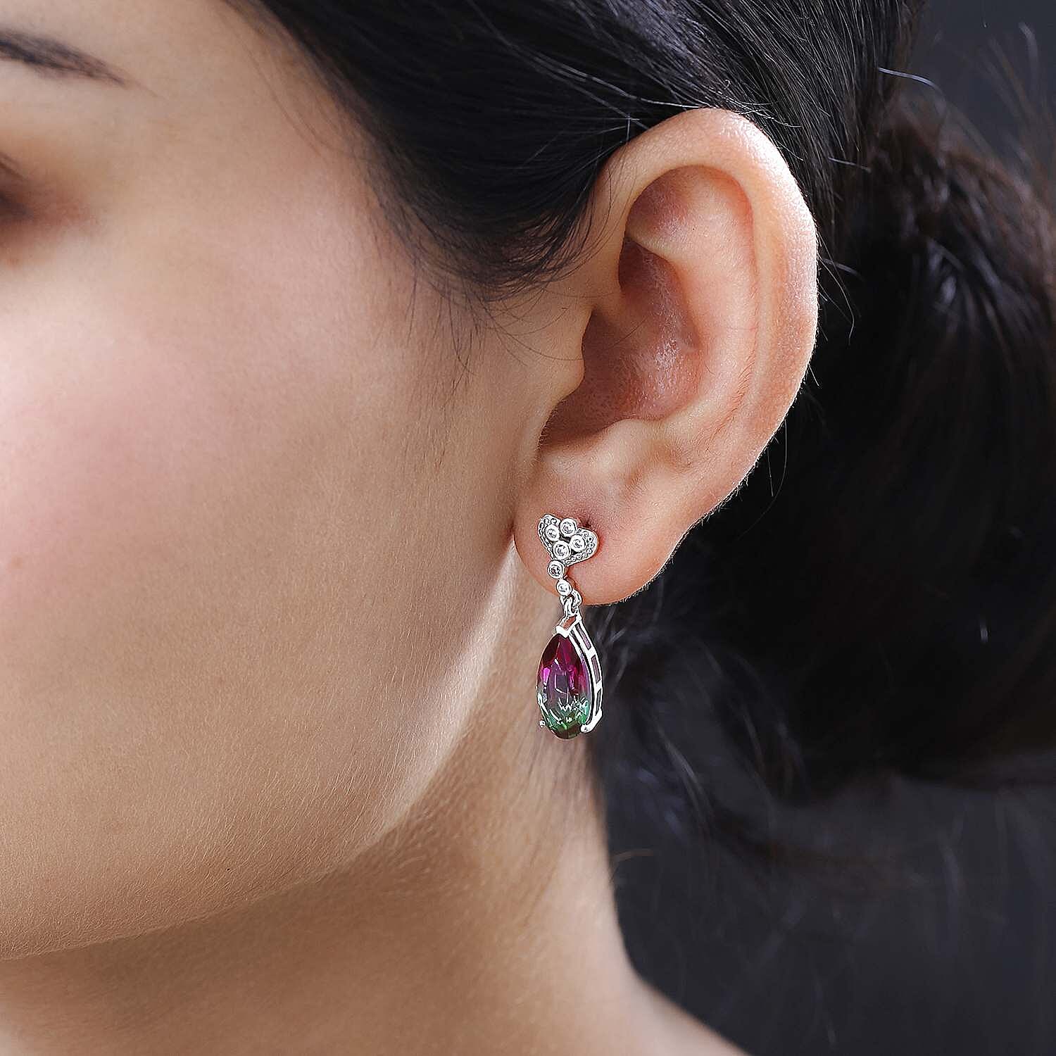 Watermelon Colour Tourmaline Quartz and Natural Zircon Earrings in Platinum Overlay Sterling Silver 6.56 Ct