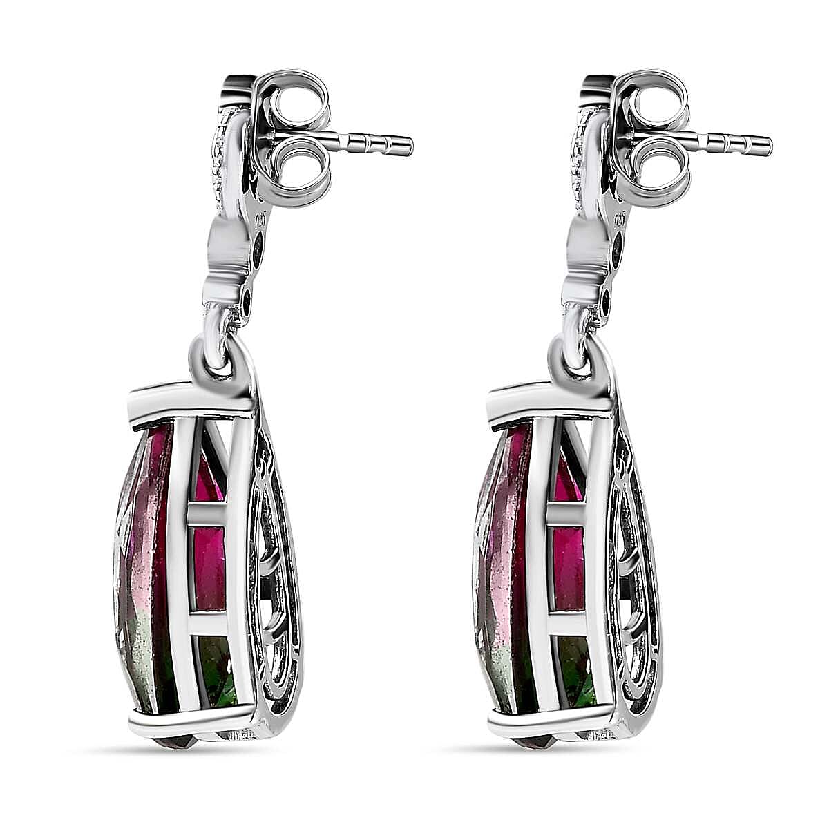 Watermelon Colour Tourmaline Quartz and Natural Zircon Earrings in Platinum Overlay Sterling Silver 6.56 Ct