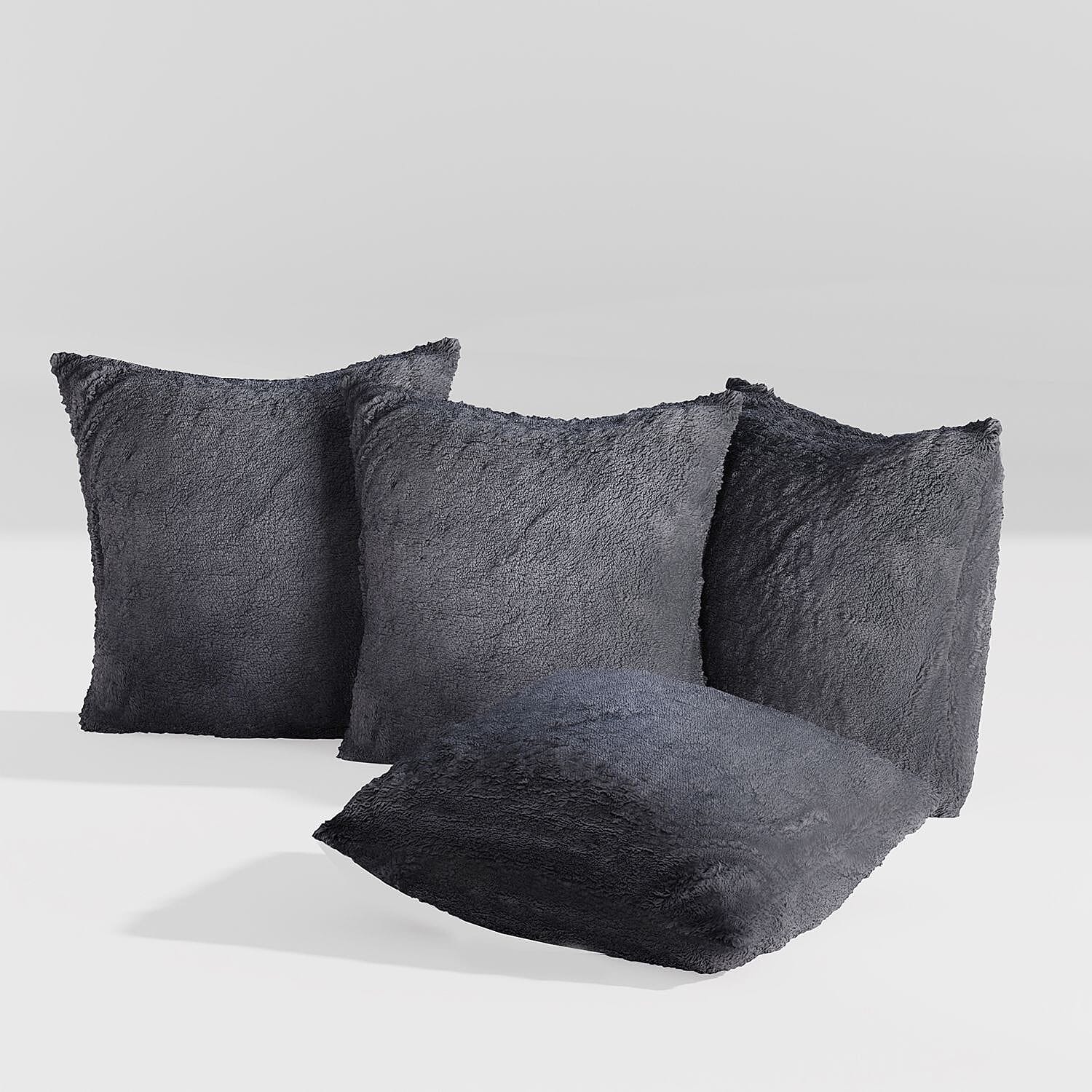 Set of 4 Teddy Fleece Solid Cushion Cover with Zipper (Size 45x45 cm) - Dark Grey