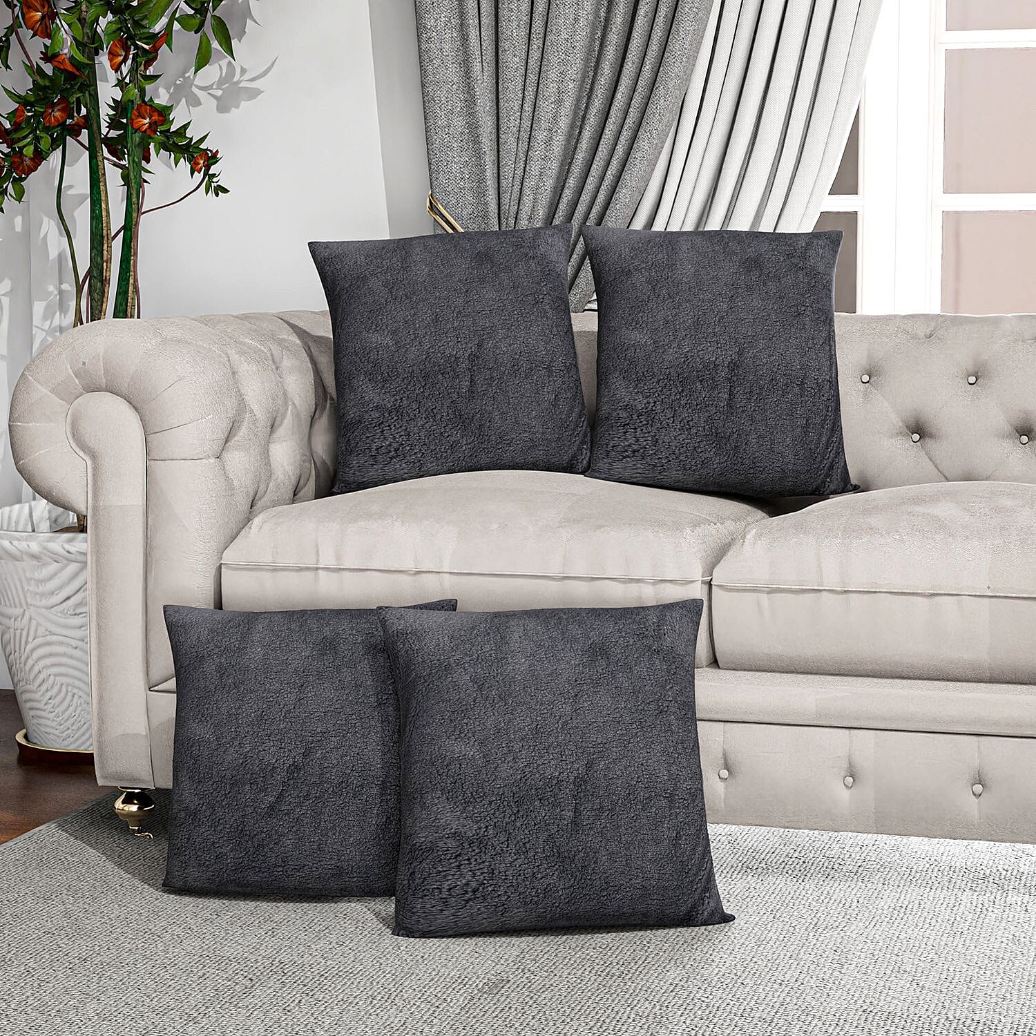 Set of 4 Teddy Fleece Solid Cushion Cover with Zipper (Size 45x45 cm) - Dark Grey