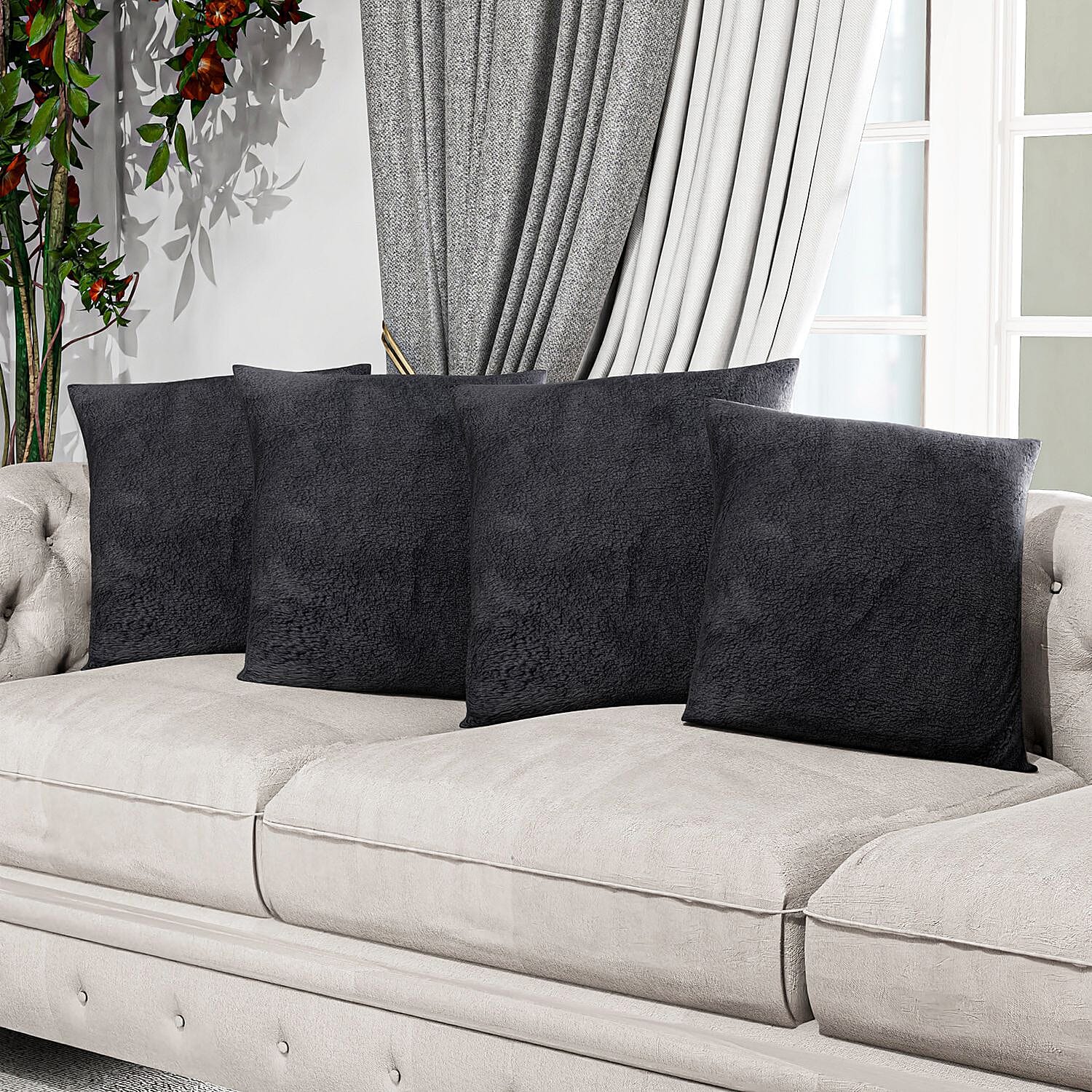 Set of 4 Teddy Fleece Solid Cushion Cover with Zipper (Size 45x45 cm) - Dark Grey