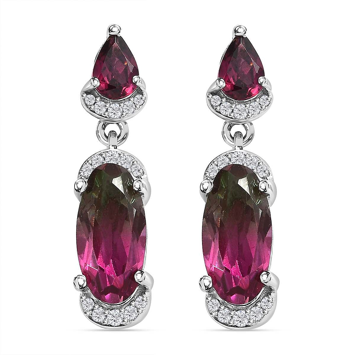 Watermelon Colour Tourmaline Quartz Rhodolite Garnet and Natural Zircon Earrings in Platinum Overlay Sterling Silver 5.42 Ct