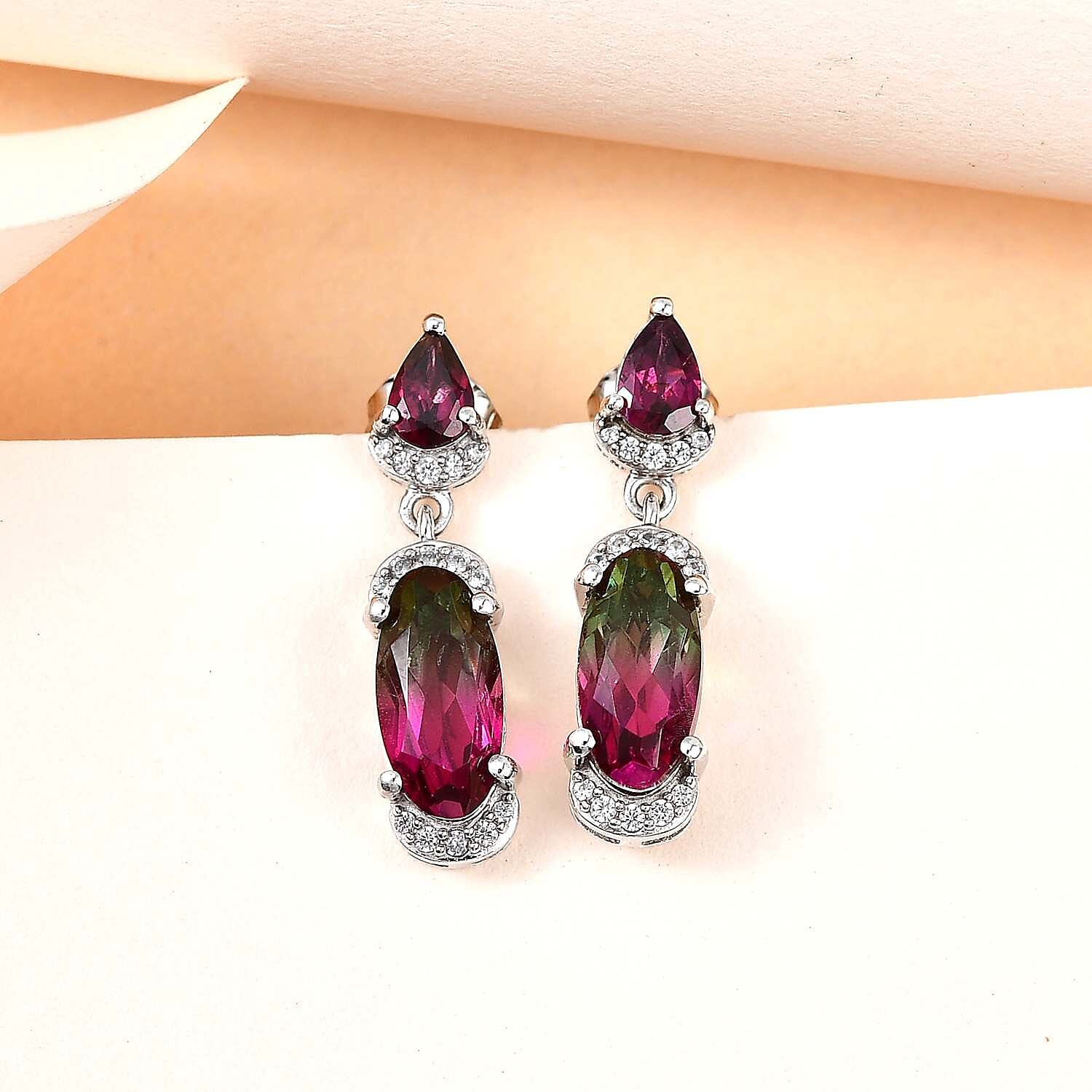 Watermelon Colour Tourmaline Quartz Rhodolite Garnet and Natural Zircon Earrings in Platinum Overlay Sterling Silver 5.42 Ct