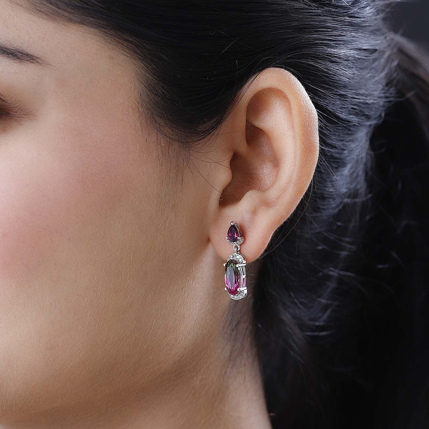 Watermelon Colour Tourmaline Quartz Rhodolite Garnet and Natural Zircon Earrings in Platinum Overlay Sterling Silver 5.42 Ct