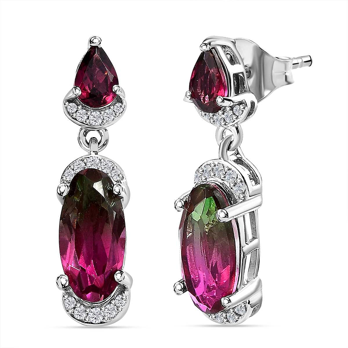 Watermelon Colour Tourmaline Quartz Rhodolite Garnet and Natural Zircon Earrings in Platinum Overlay Sterling Silver 5.42 Ct