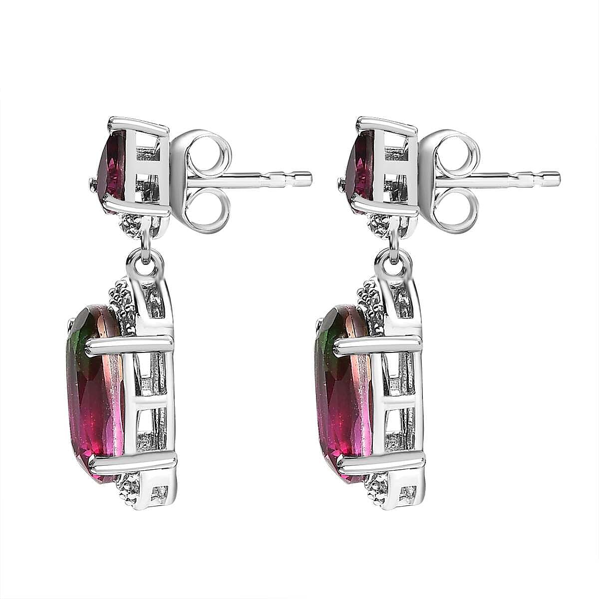 Watermelon Colour Tourmaline Quartz Rhodolite Garnet and Natural Zircon Earrings in Platinum Overlay Sterling Silver 5.42 Ct
