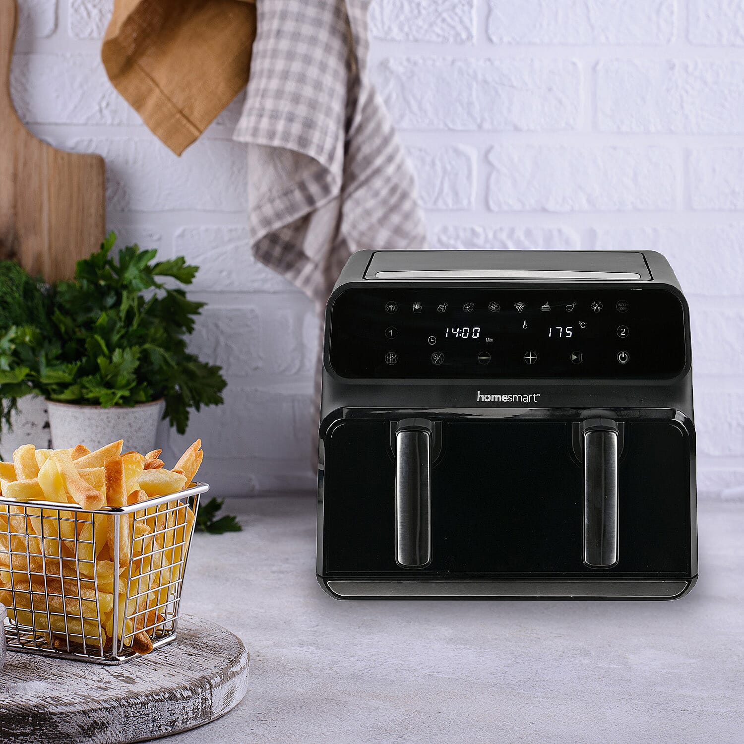 Homesmart Air fryer With Digital Touch Control LED Display, Dual Basket or One Large Basket, Sync or Seperate Cooking (8.5L, 1700W) - Black