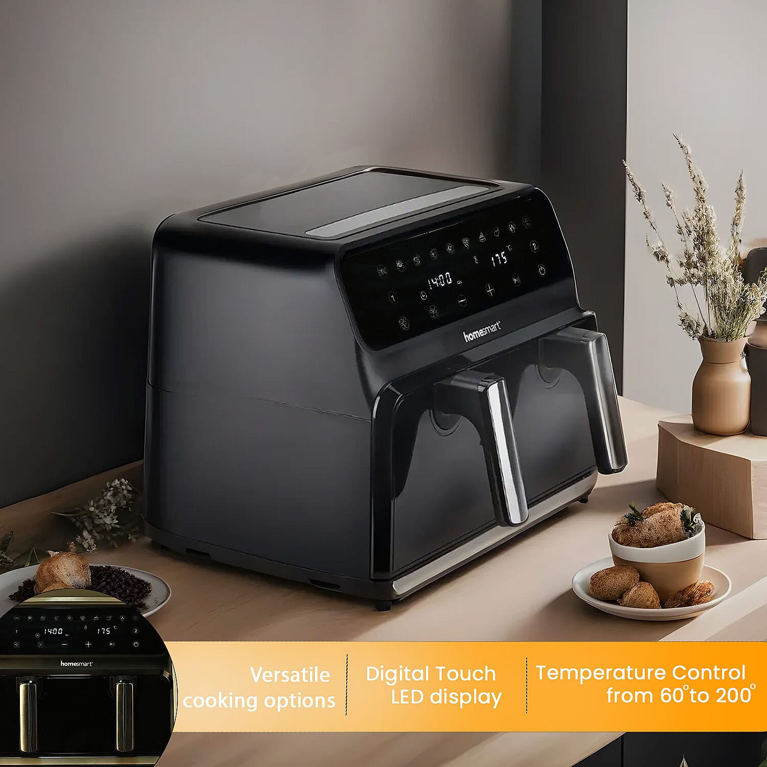 Homesmart Air fryer With Digital Touch Control LED Display, Dual Basket or One Large Basket, Sync or Seperate Cooking (8.5L, 1700W) - Black