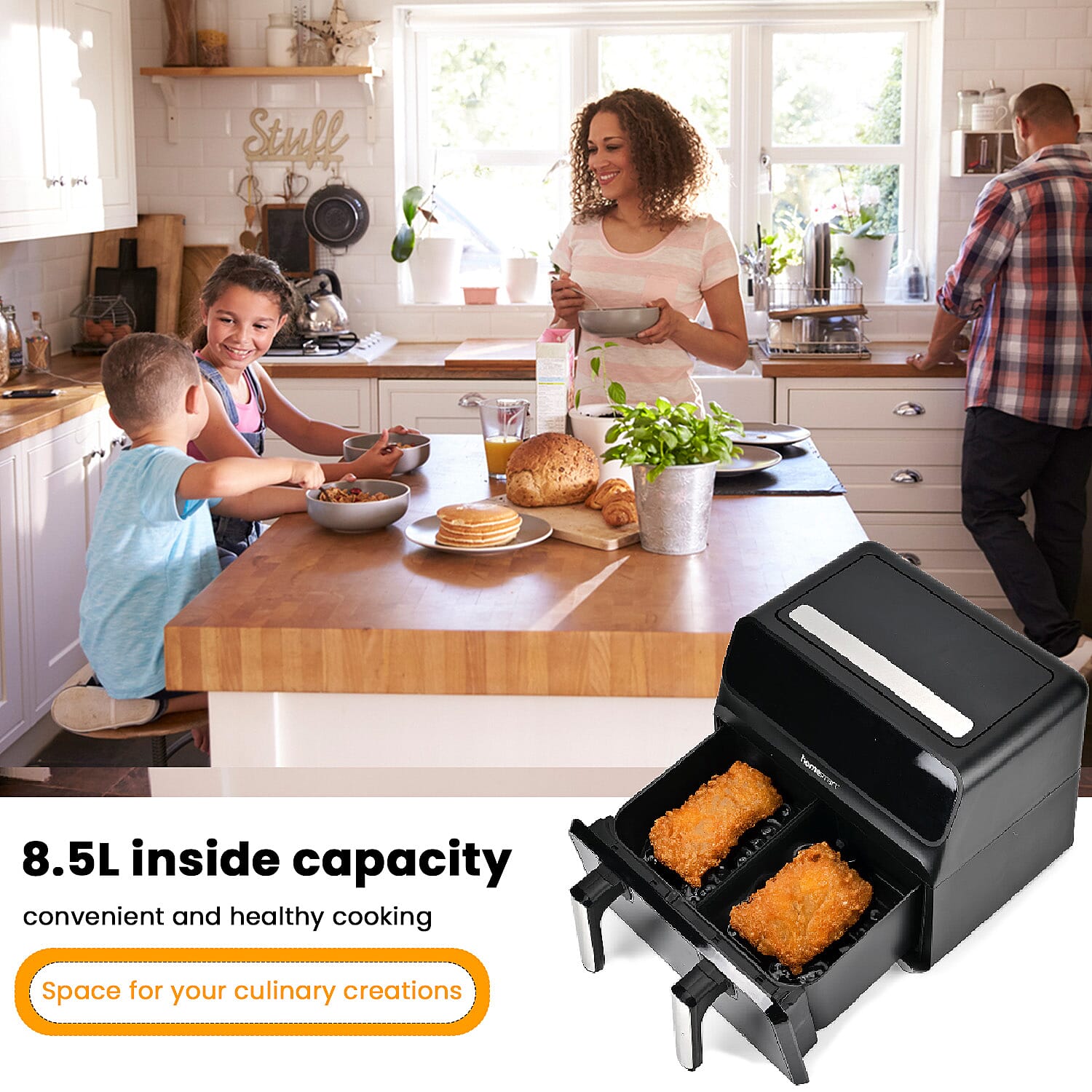 Homesmart Air fryer With Digital Touch Control LED Display, Dual Basket or One Large Basket, Sync or Seperate Cooking (8.5L, 1700W) - Black