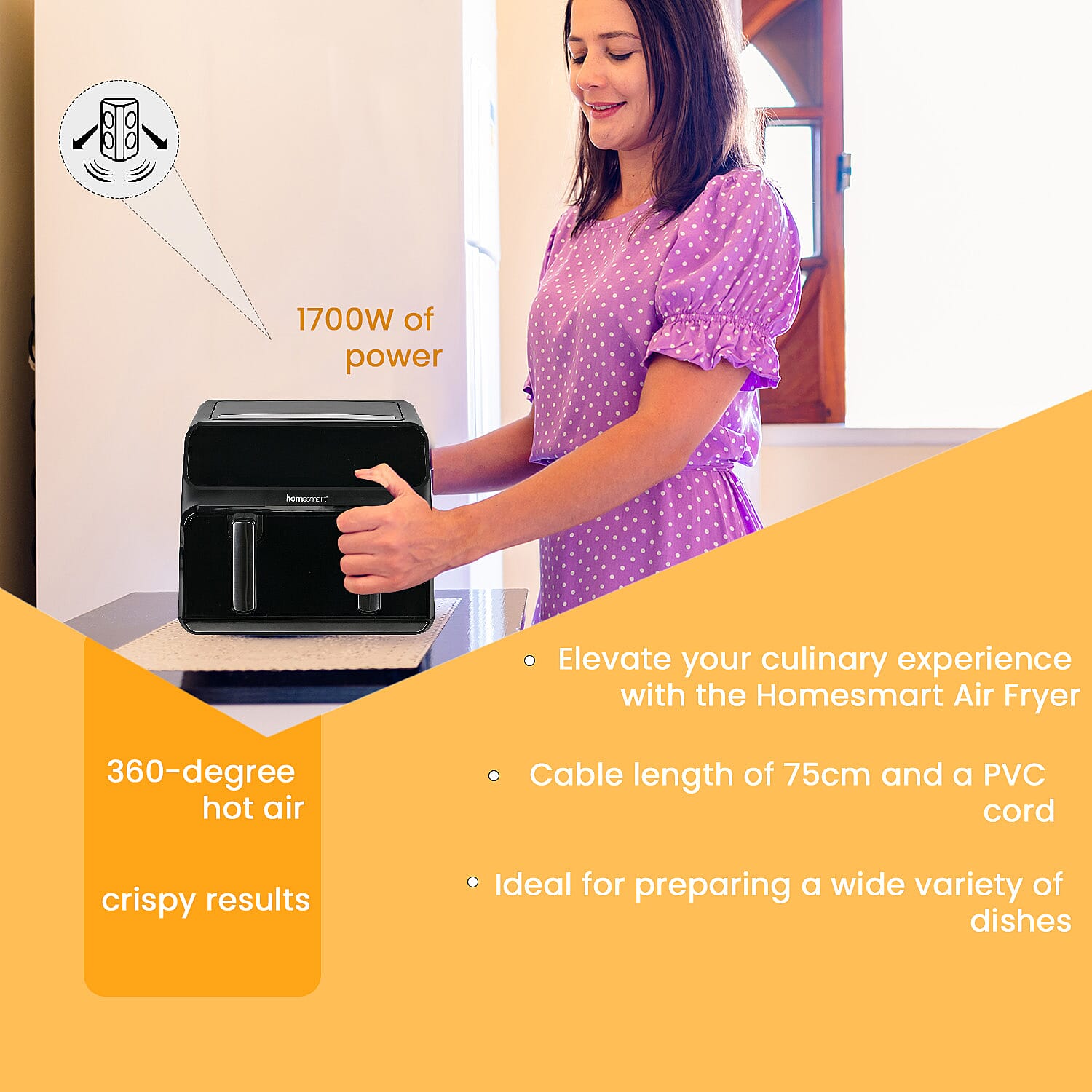 Homesmart Air fryer With Digital Touch Control LED Display, Dual Basket or One Large Basket, Sync or Seperate Cooking (8.5L, 1700W) - Black