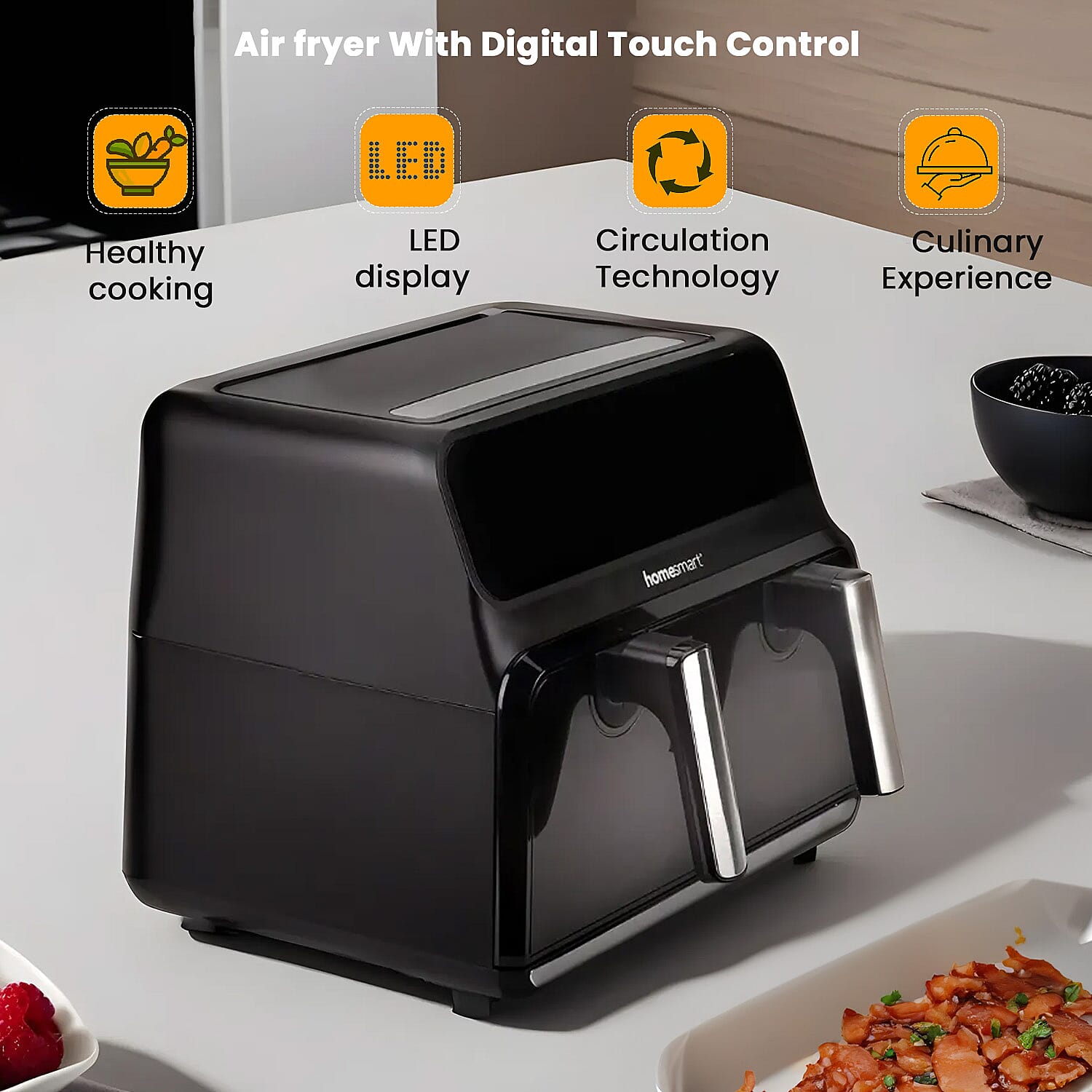 Homesmart Air fryer With Digital Touch Control LED Display, Dual Basket or One Large Basket, Sync or Seperate Cooking (8.5L, 1700W) - Black
