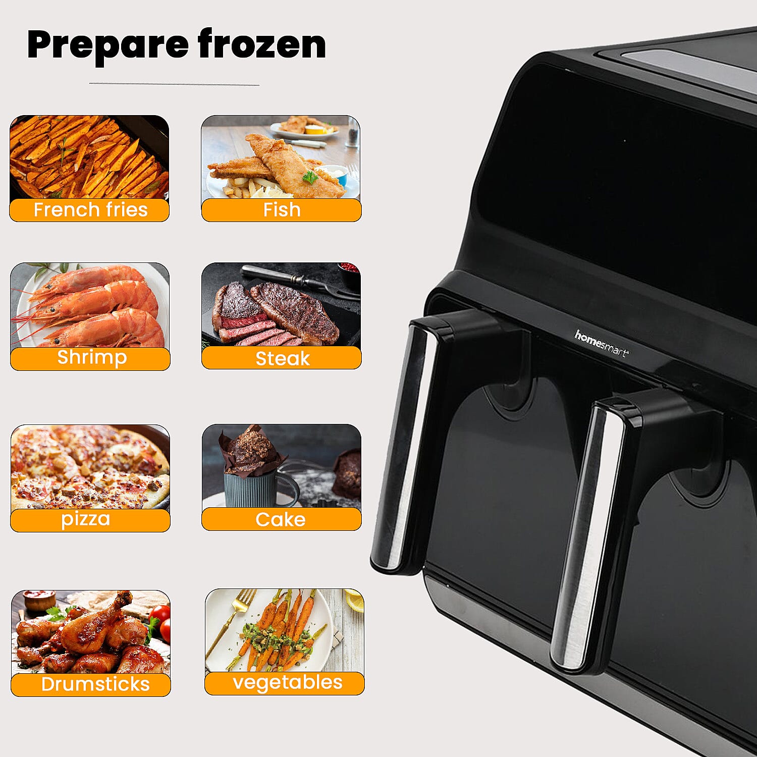 Homesmart Air fryer With Digital Touch Control LED Display, Dual Basket or One Large Basket, Sync or Seperate Cooking (8.5L, 1700W) - Black