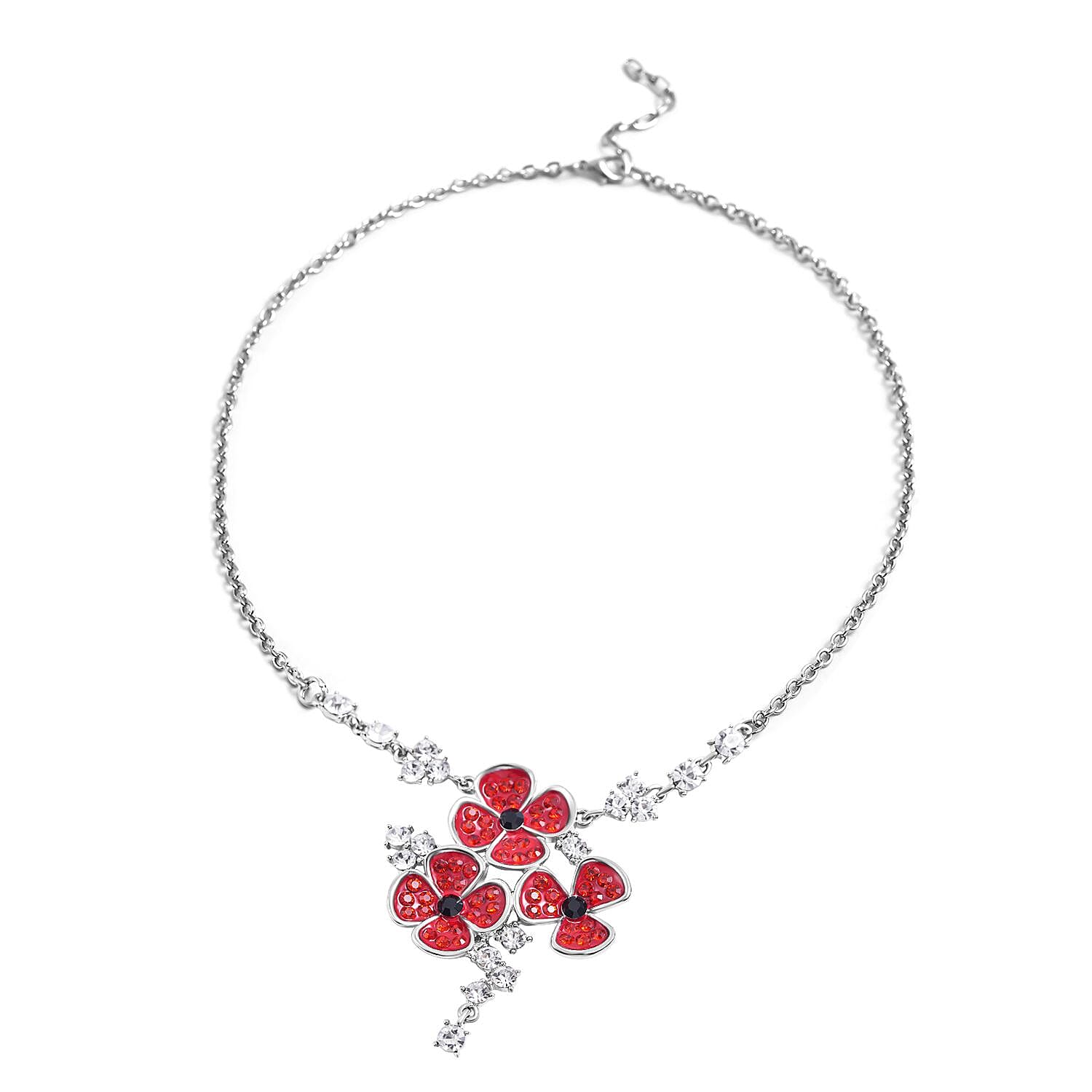 Multi Colour Austrian Crystal Enamelled Poppy Design Necklace (Size - 20-2 inch Ext.) in Silver Tone