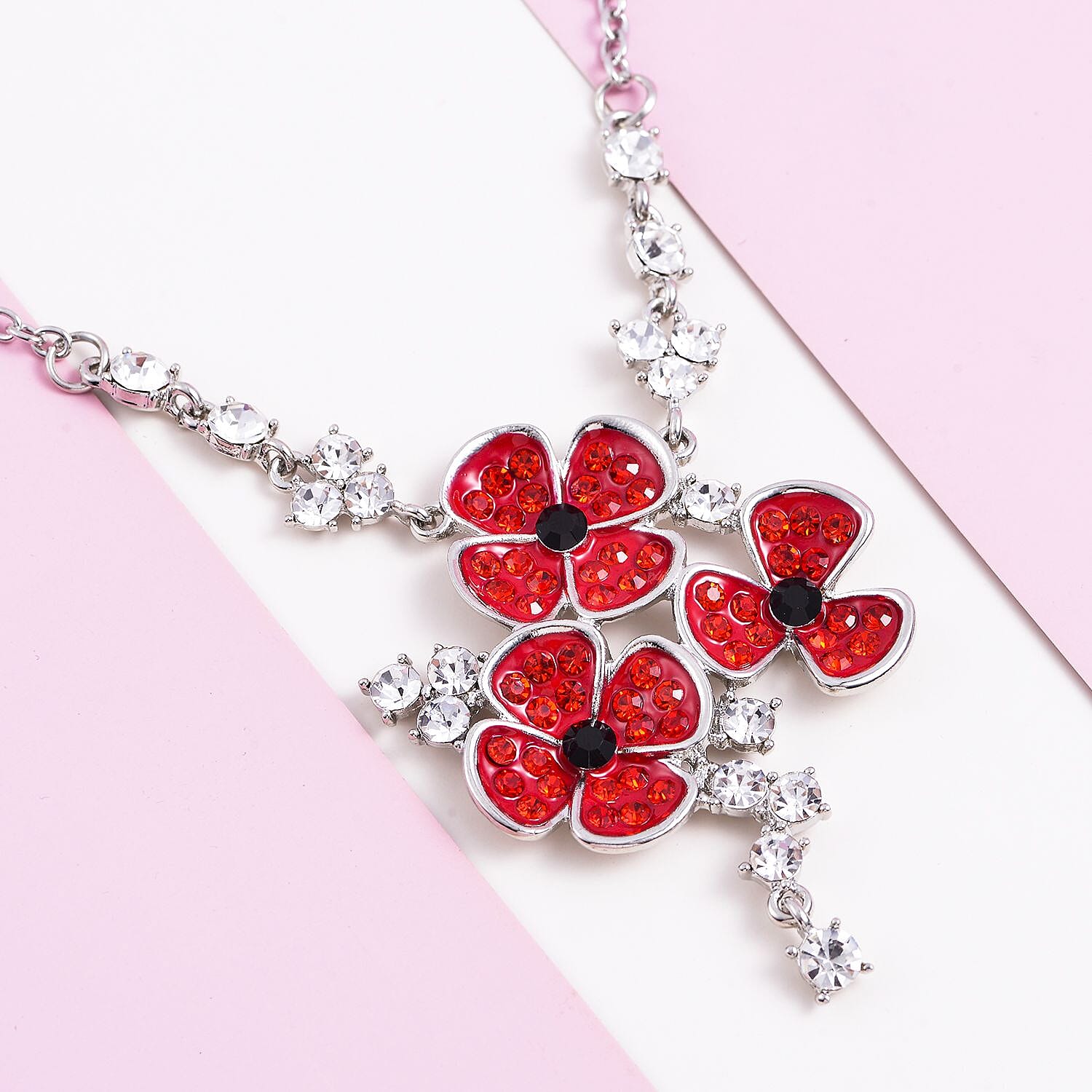 Multi Colour Austrian Crystal Enamelled Poppy Design Necklace (Size - 20-2 inch Ext.) in Silver Tone