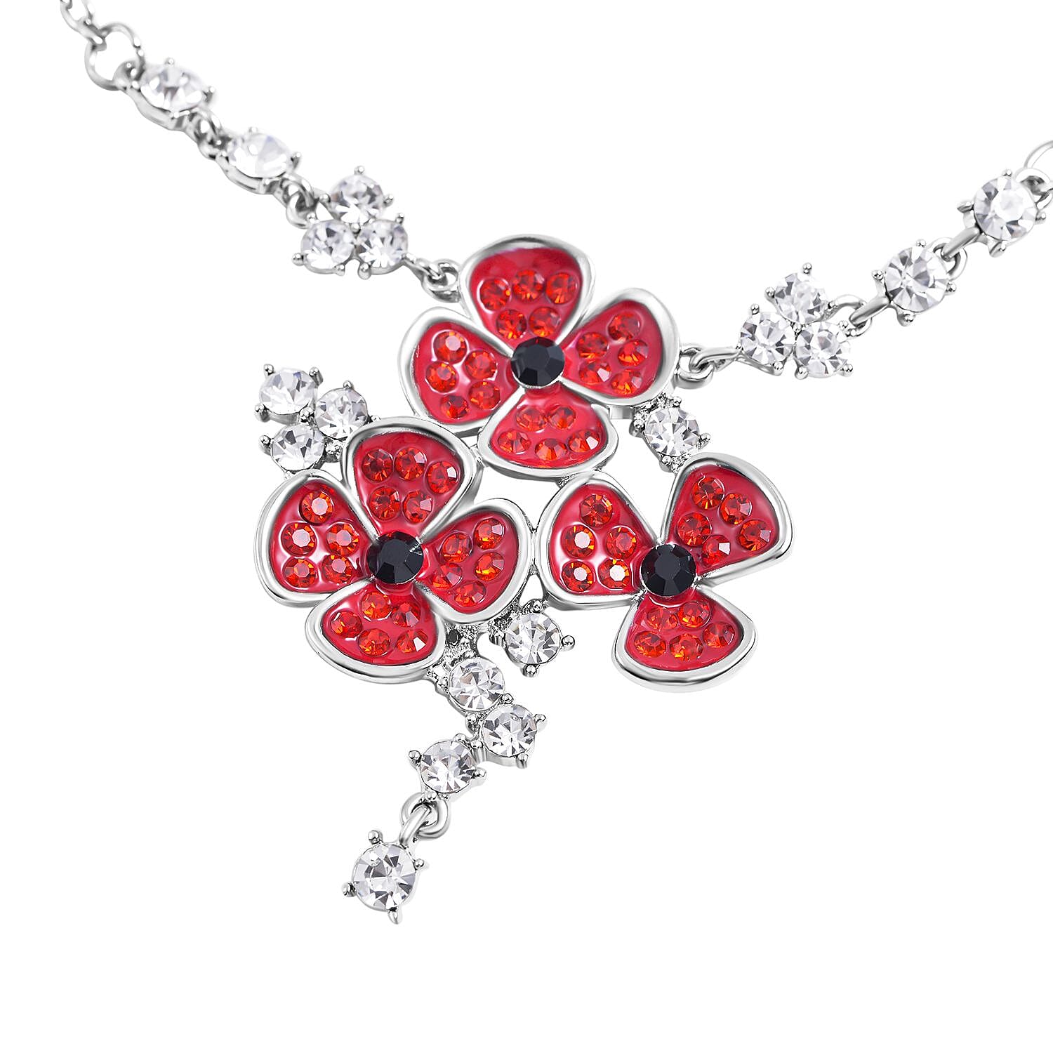 Multi Colour Austrian Crystal Enamelled Poppy Design Necklace (Size - 20-2 inch Ext.) in Silver Tone