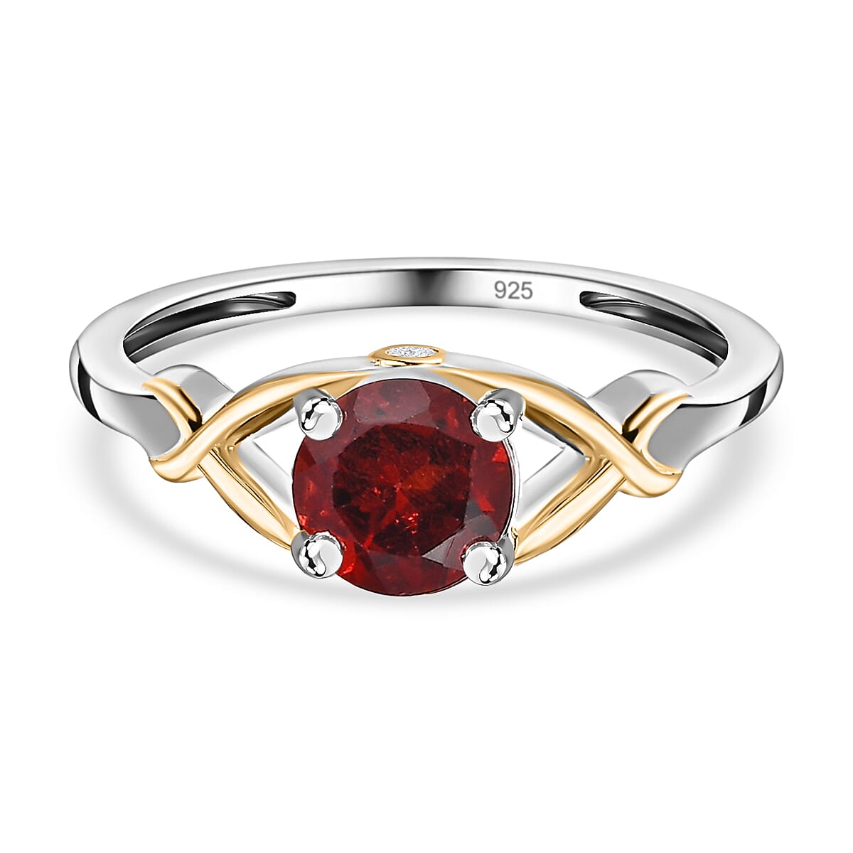 D'Joy - Red Garnet & Natural Zircon Ring in 18K Vermeil Yellow Gold Plated & Rhodium Overlay Sterling Silver 1.00 Ct.