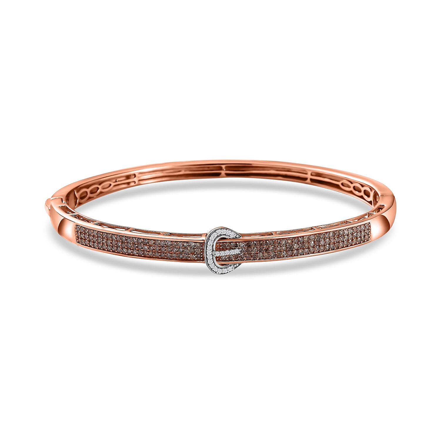 Champagne Diamond & White Diamond Bangle (Size - 7.5) in 18K Vermeil Rose Gold Plated Sterling Silver 1.00 Ct, Silver Wt. 16.00 Gms