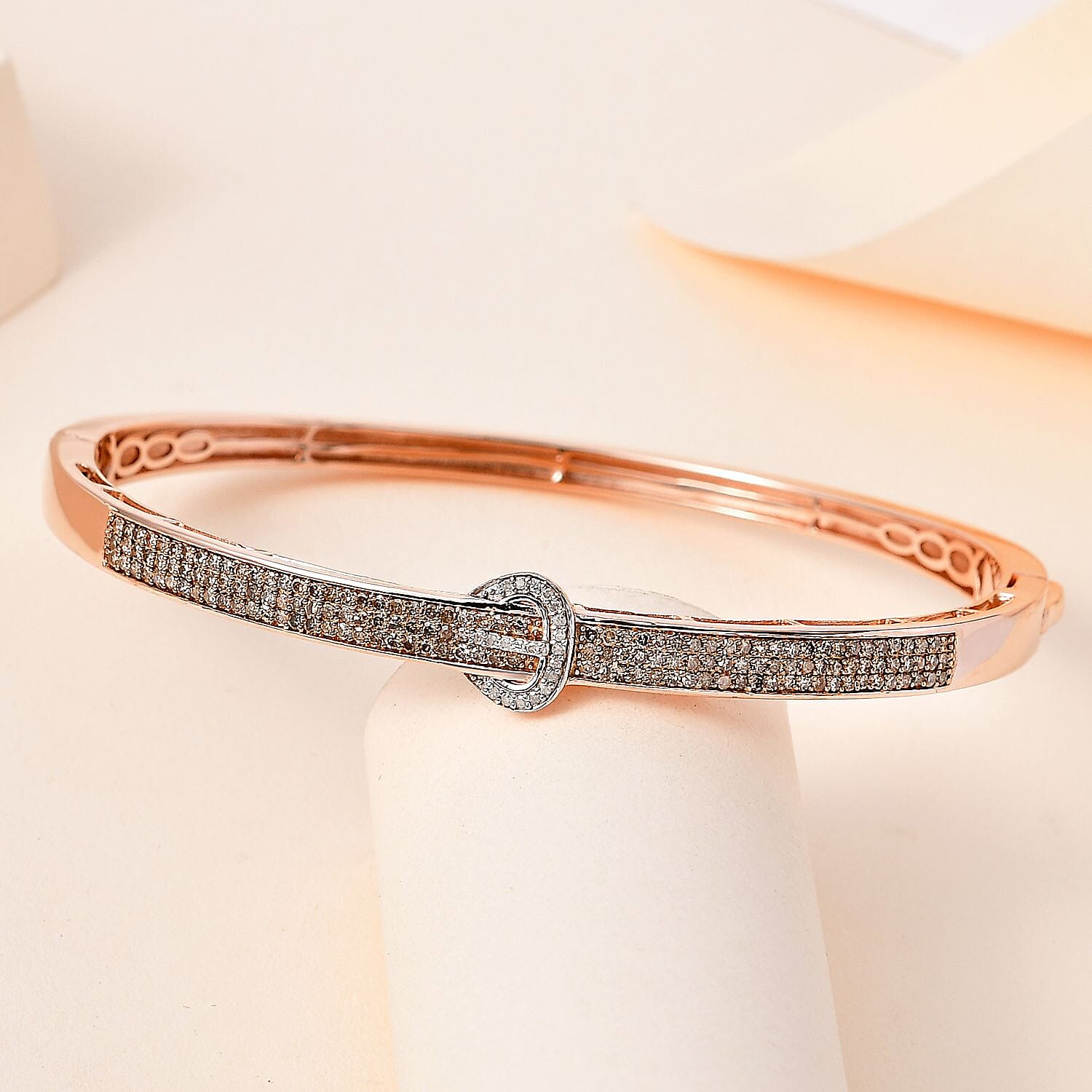 Champagne Diamond & White Diamond Bangle (Size - 7.5) in 18K Vermeil Rose Gold Plated Sterling Silver 1.00 Ct, Silver Wt. 16.00 Gms